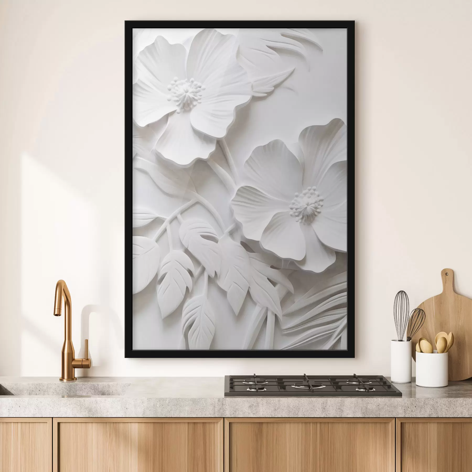 Papier peint Fleurs blanches décoratives minimalistes avec feuilles, imitation relief, fond blanc f45179