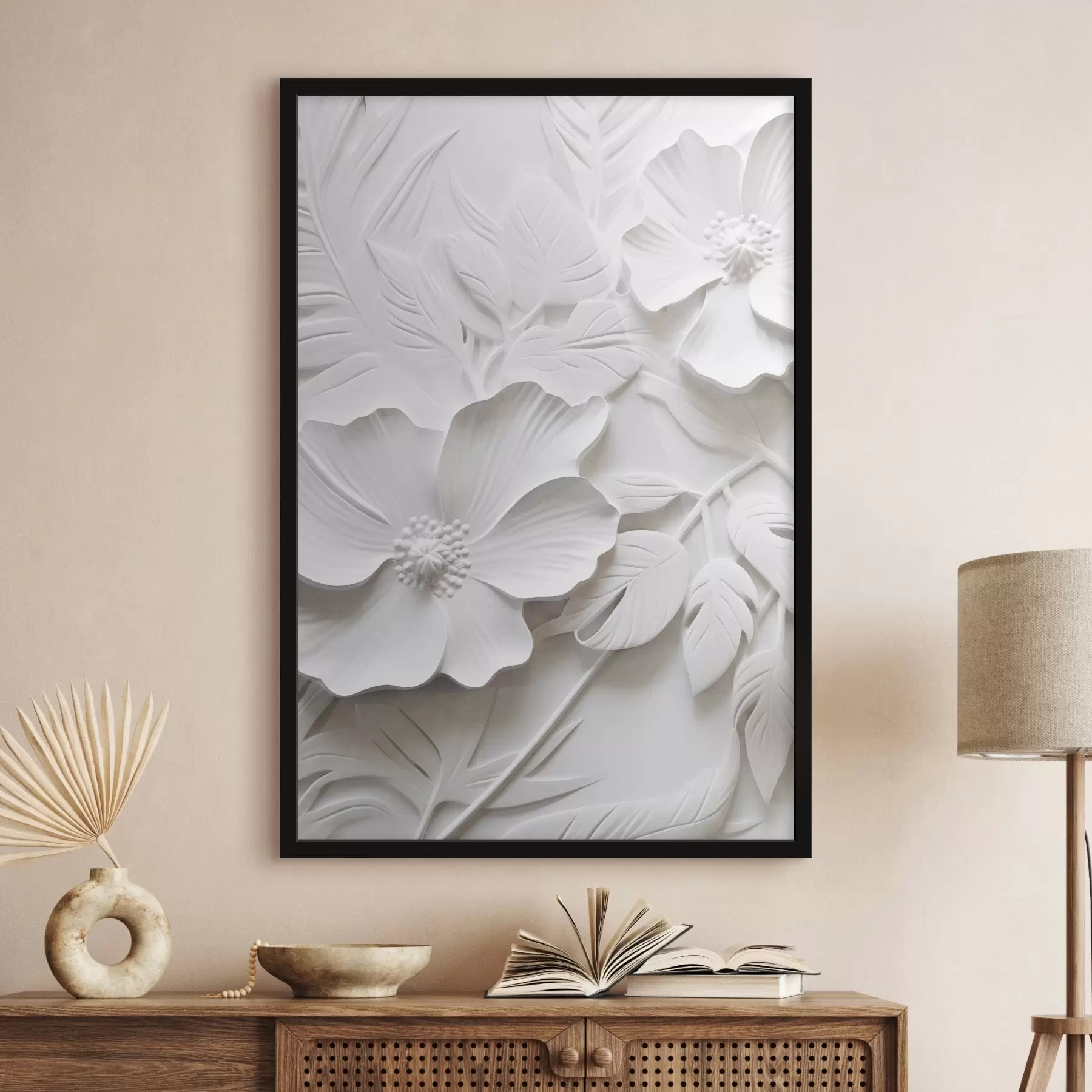 Papier peint Fleurs blanches décoratives minimalistes avec feuilles, imitation relief, fond blanc f45180
