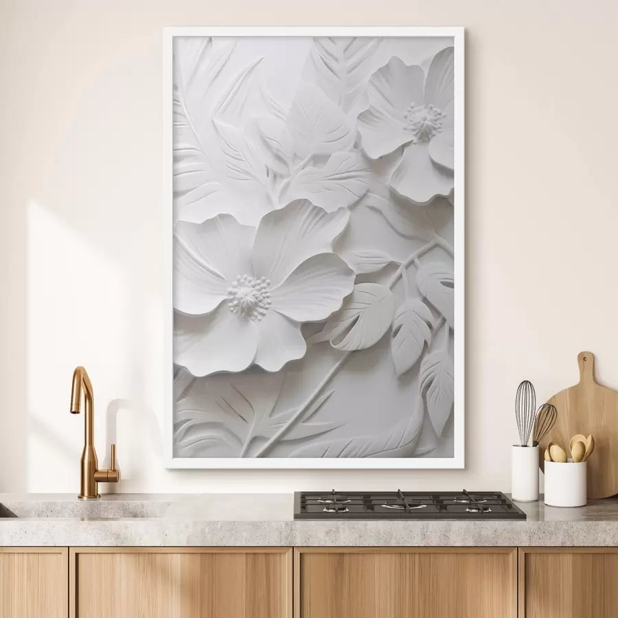 Papier peint Fleurs blanches décoratives minimalistes avec feuilles, imitation relief, fond blanc f45180