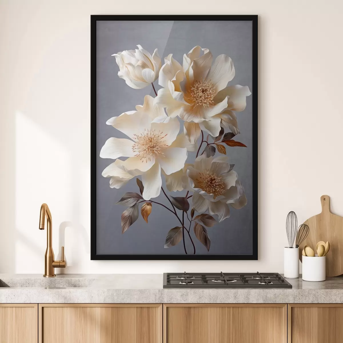 Poster Fleurs texturées avec pistils orange et feuilles orange sur fond gris, lumière douce, élégant, détaillé, réaliste f45181