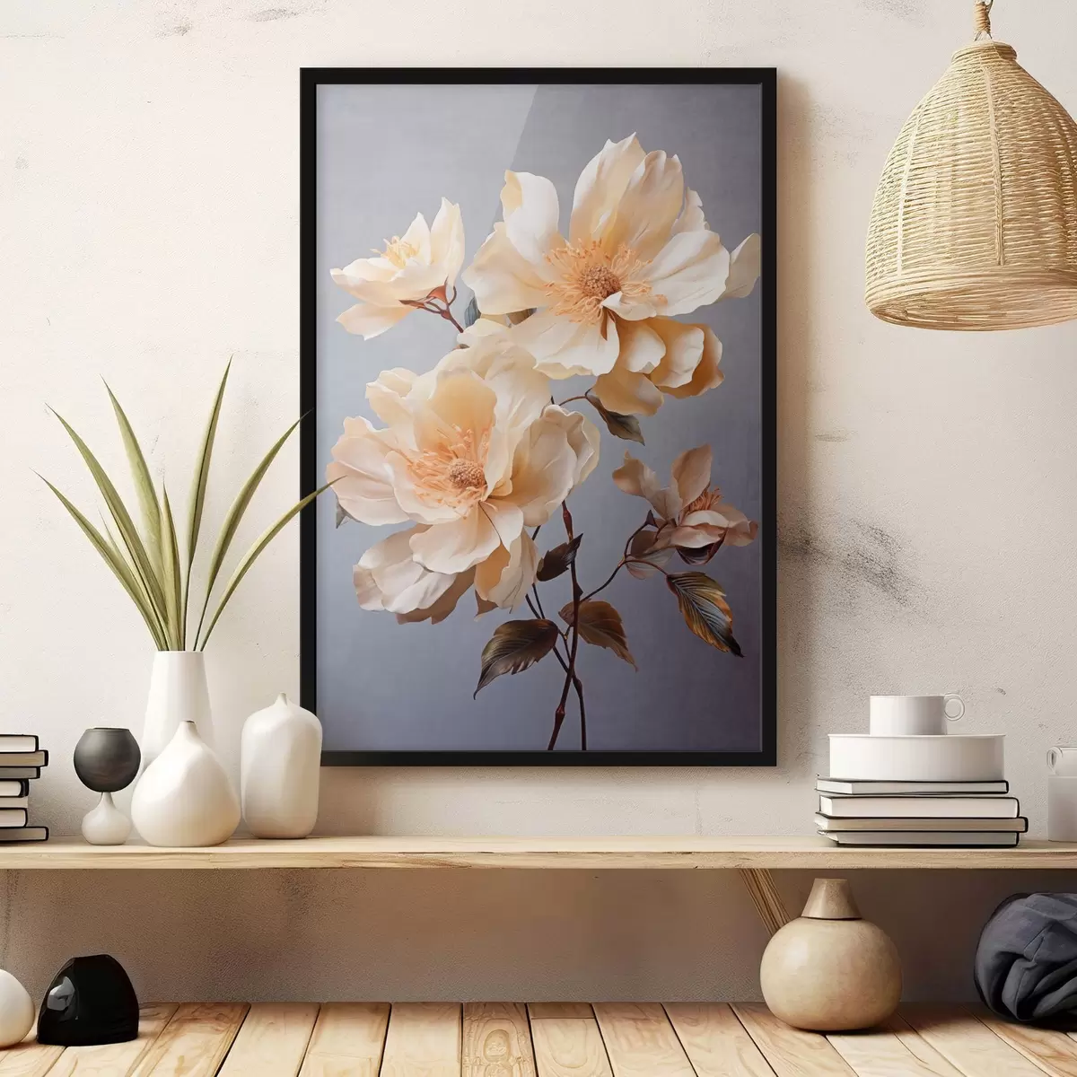 Poster Fleurs texturées avec pistils orange et feuilles orange sur fond gris, lumière douce, élégant, détaillé, réaliste f45182