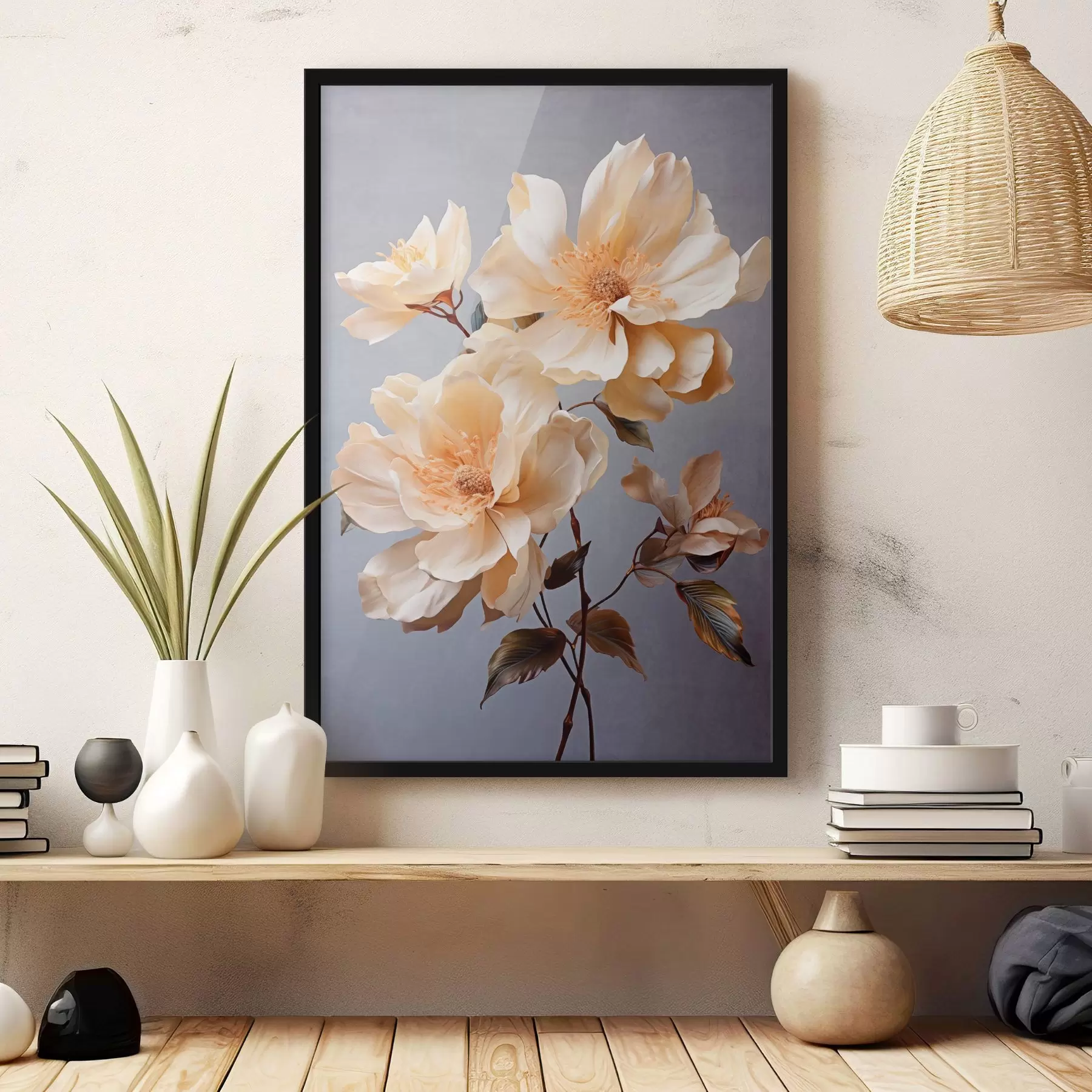 Papier peint Fleurs texturées avec pistils orange et feuilles orange sur fond gris, lumière douce, élégant, détaillé, réaliste f45182