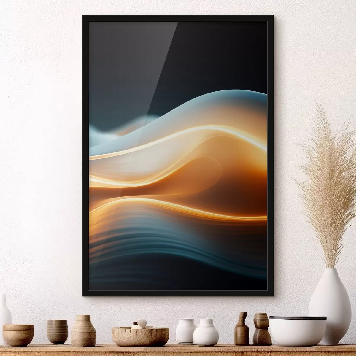 Poster Formes abstraites et fluides avec des lignes orange, courbes et lignes douces, composition dynamique, fond sombre f45183