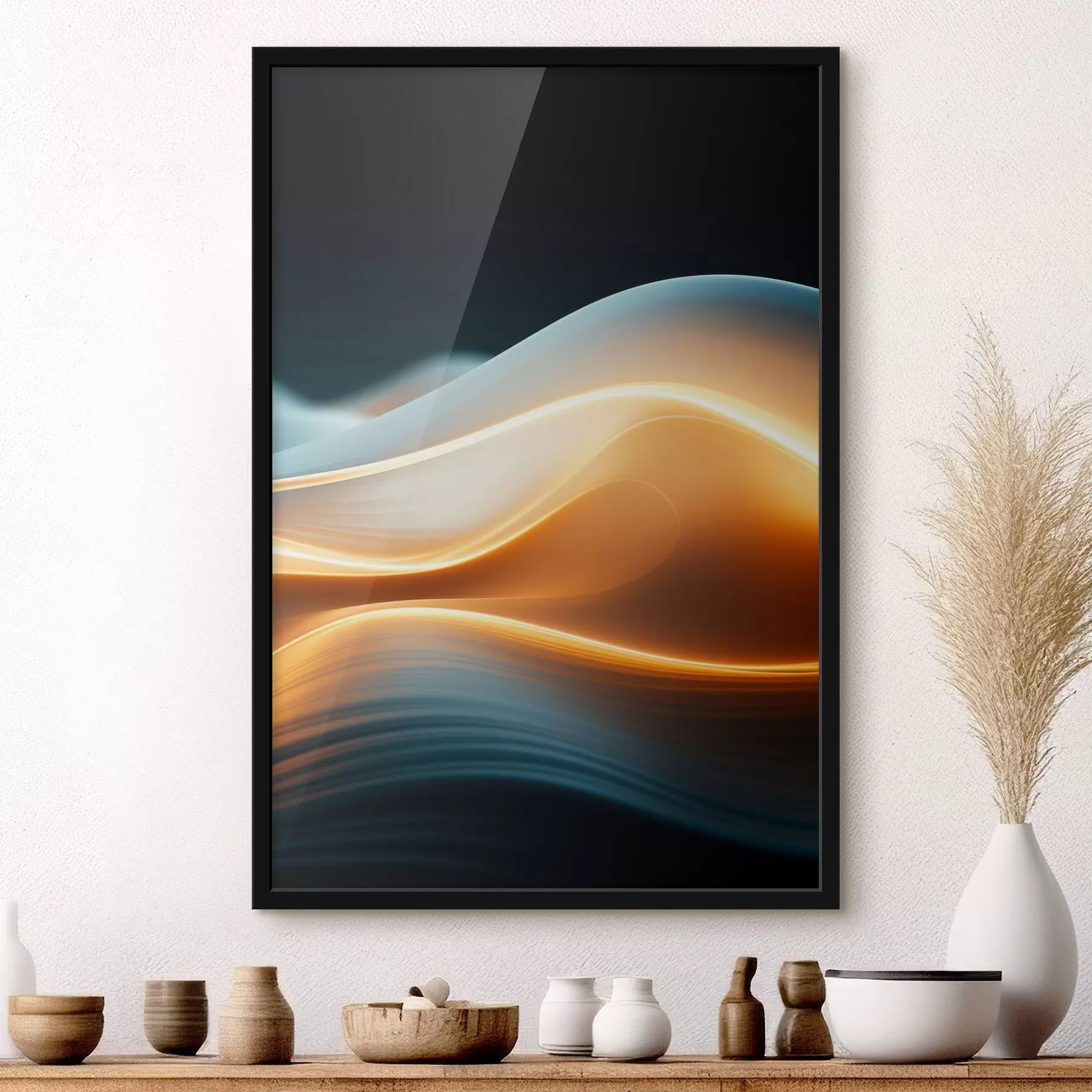 Papier peint Formes abstraites et fluides avec des lignes orange, courbes et lignes douces, composition dynamique, fond sombre f45183