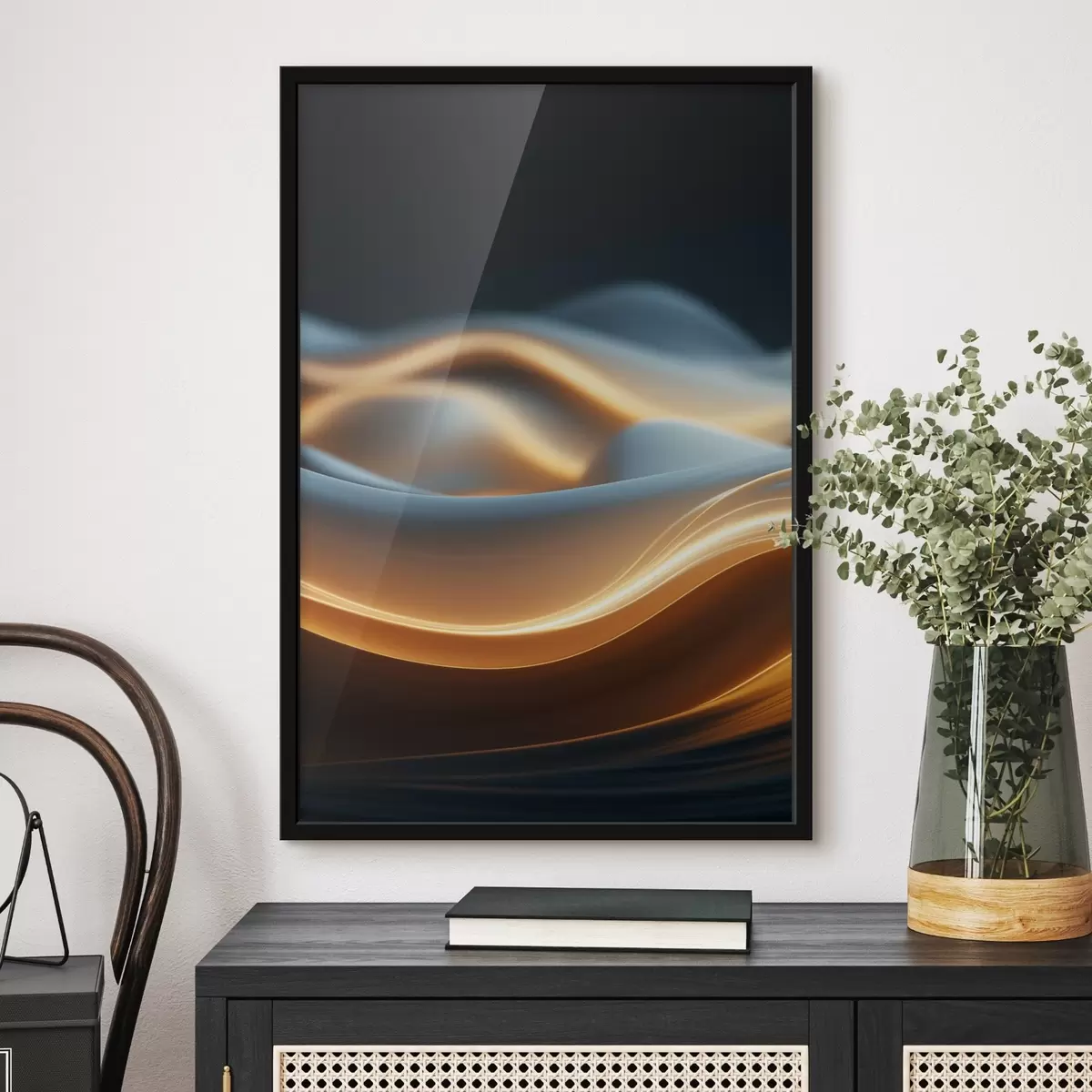 Poster Formes abstraites et fluides avec des lignes orange, courbes et lignes douces, composition dynamique, fond sombre f45184