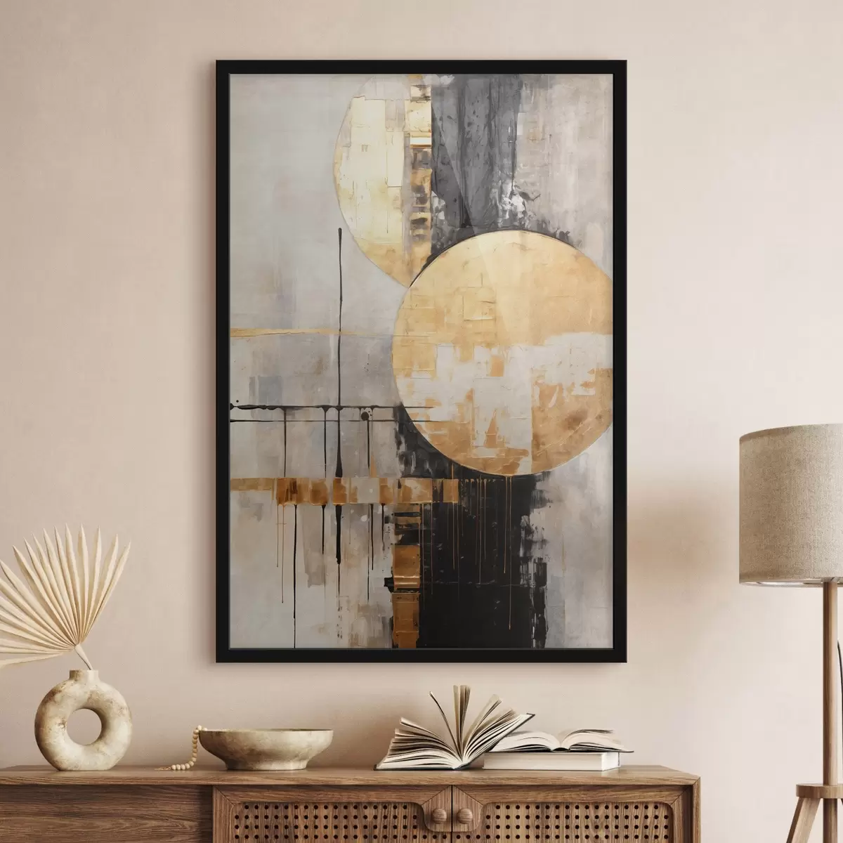 Poster Peinture abstraite avec des cercles, des lignes noires et jaunes, et un arrière-plan dans les tons gris et blancs f45185