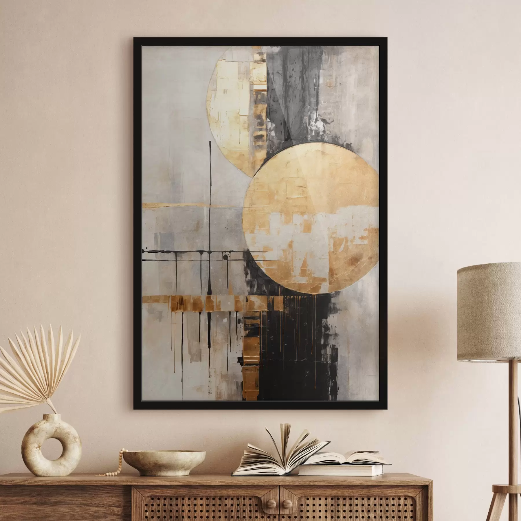 Papier peint Peinture abstraite avec des cercles, des lignes noires et jaunes, et un arrière-plan dans les tons gris et blancs f45185