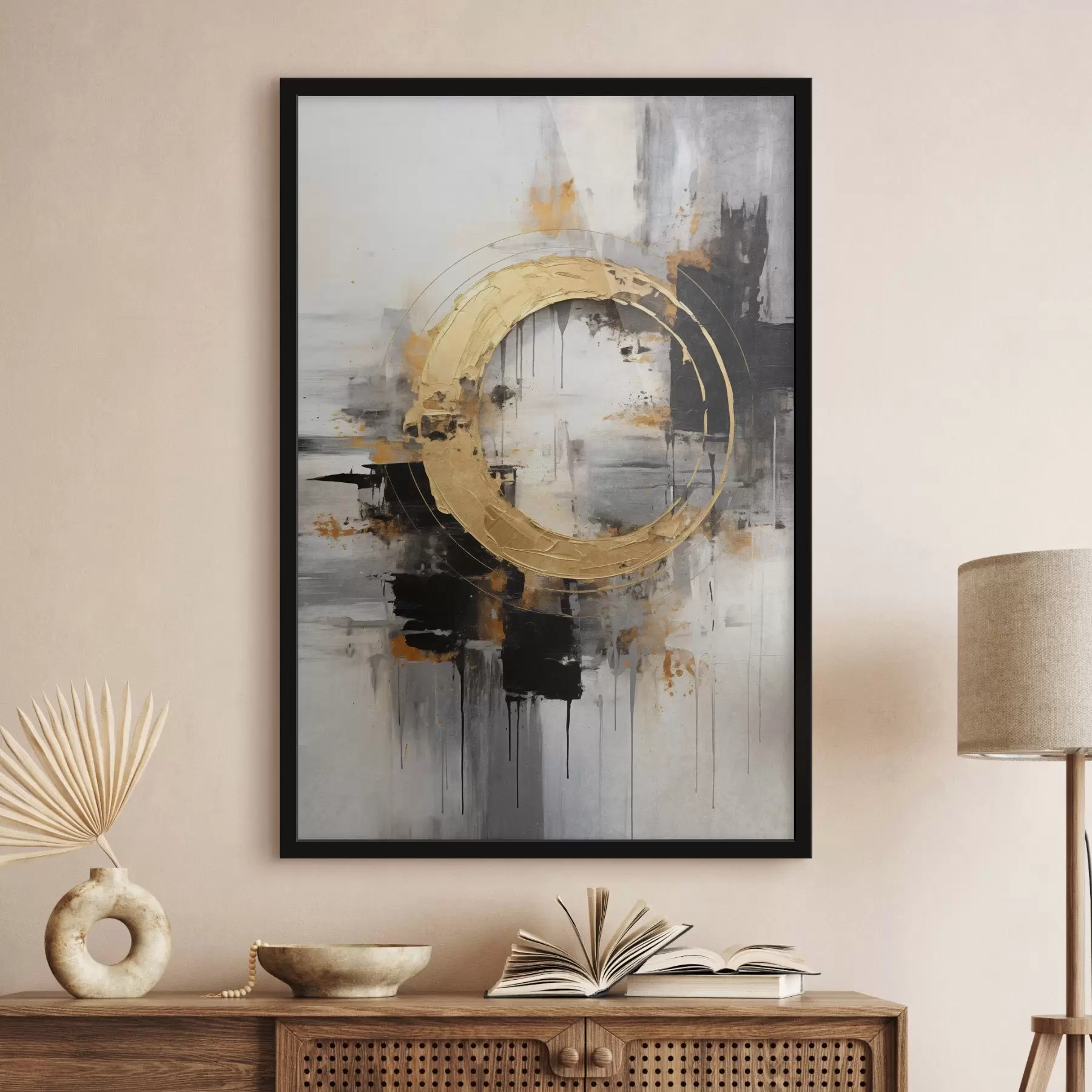 Papier peint Peinture abstraite avec des cercles, des lignes noires et jaunes, et un arrière-plan dans les tons gris et blancs f45186