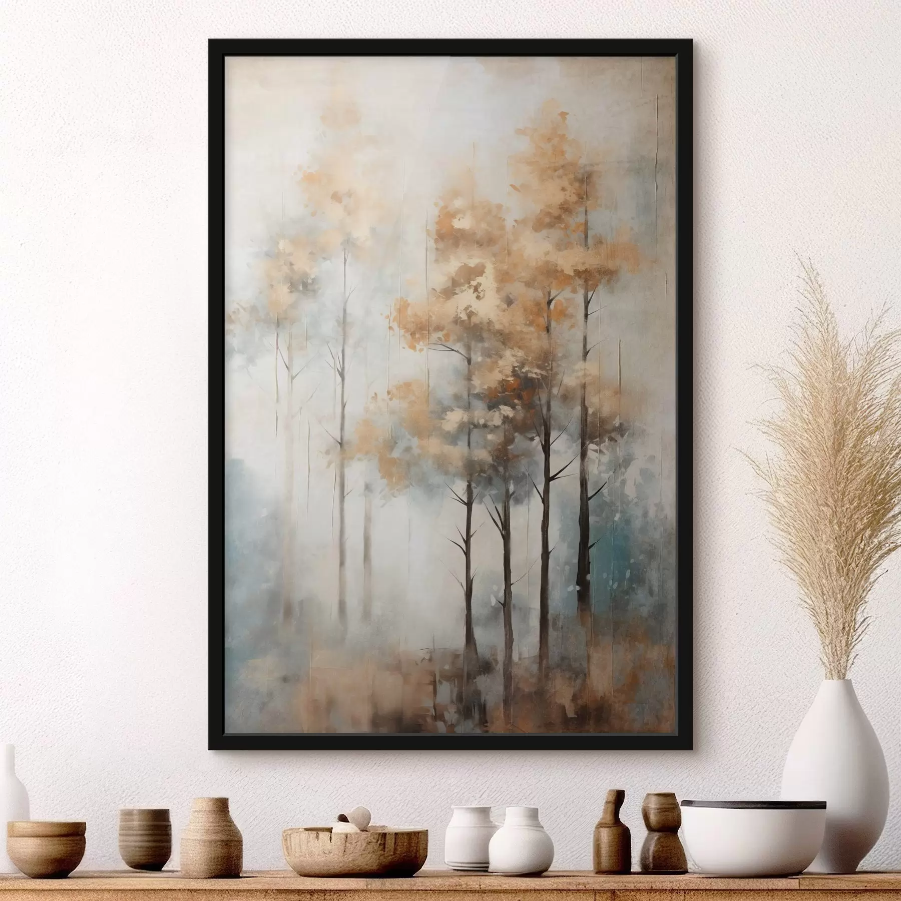 Papier peint Grands arbres texturés avec des feuilles jaunes dans une forêt, l'arrière-plan est un mélange de tons bleus et bruns doux f45187