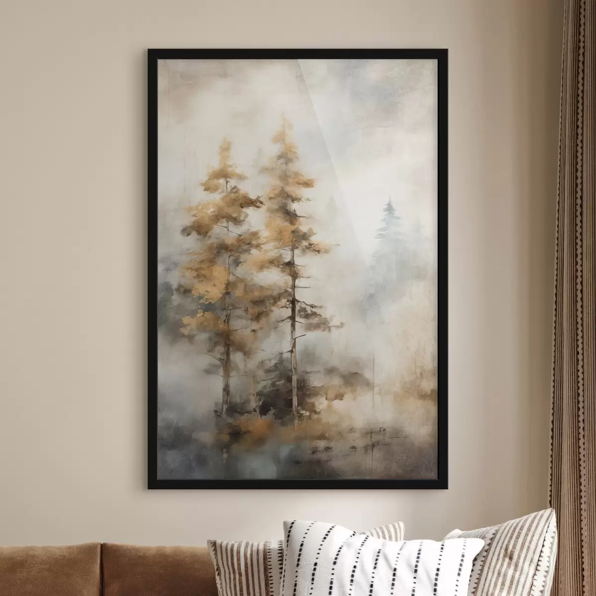 Poster Grands arbres texturés avec des feuilles jaunes dans une forêt, l'arrière-plan est un mélange de tons bleus et bruns doux f45188