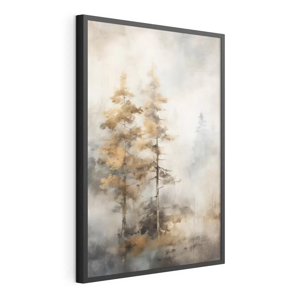 Poster Grands arbres texturés avec des feuilles jaunes dans une forêt, l'arrière-plan est un mélange de tons bleus et bruns doux f45188