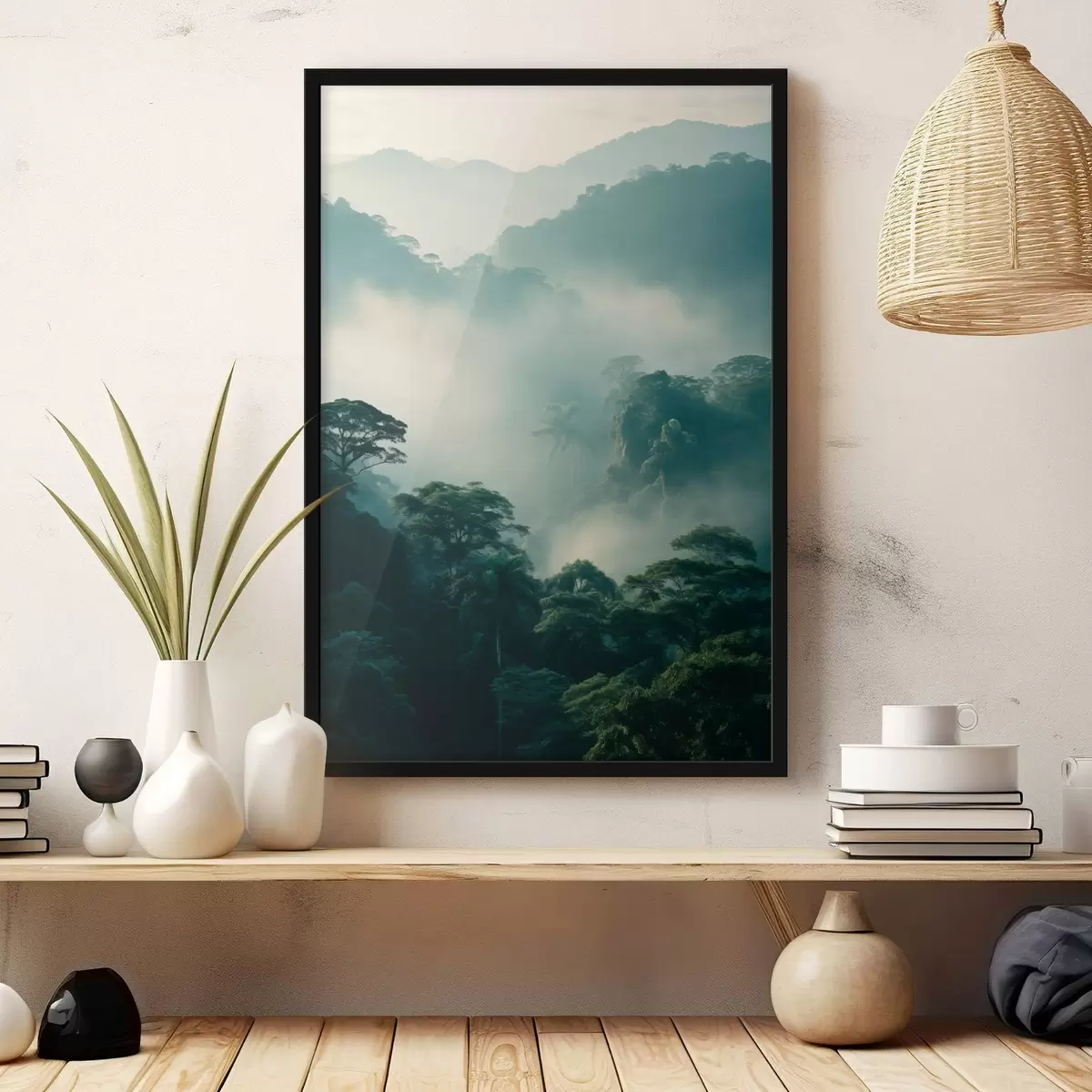Poster Forêt tropicale avec des arbres verdoyants et une épaisse couche de brume, créant un environnement atmosphérique f45189
