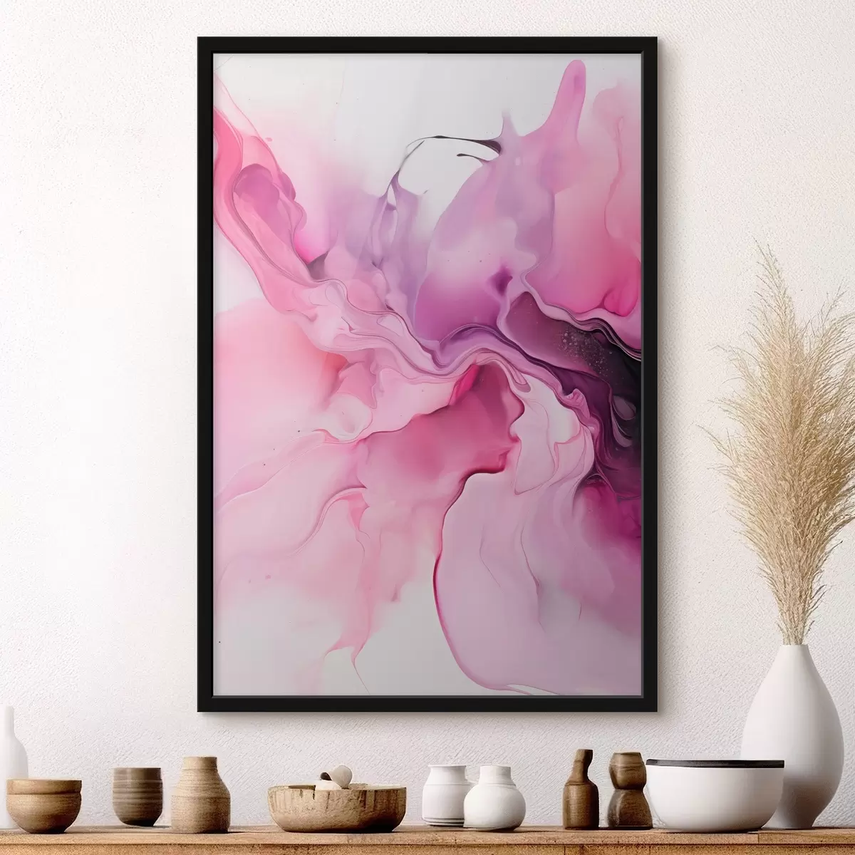 Poster Des tourbillons abstraits de rose, de violet et de noir se fondent dans une composition fluide et organique, créant une impression de mouvement f45195