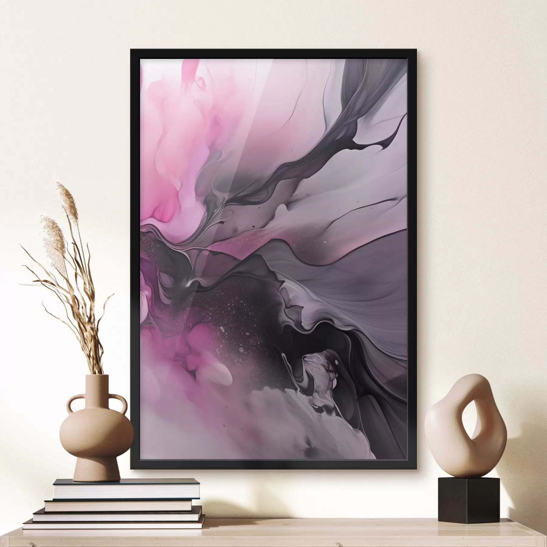 Papier peint Des tourbillons abstraits de rose, de violet et de noir se fondent dans une composition fluide et organique, créant une impression de mouvement f45196