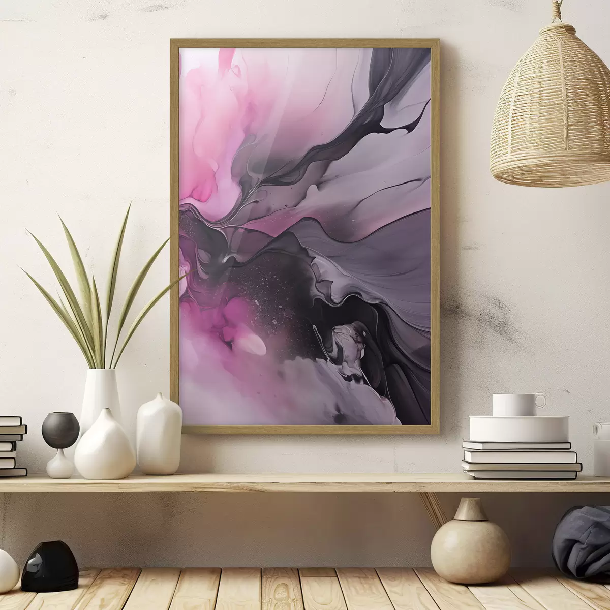 Poster Des tourbillons abstraits de rose, de violet et de noir se fondent dans une composition fluide et organique, créant une impression de mouvement f45196