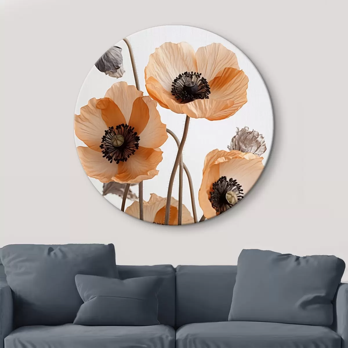 Tableaux rondes Coquelicots orange, fleurs séchées sur fond clair, éclairage doux, pétales délicats, arrangement floral r45167