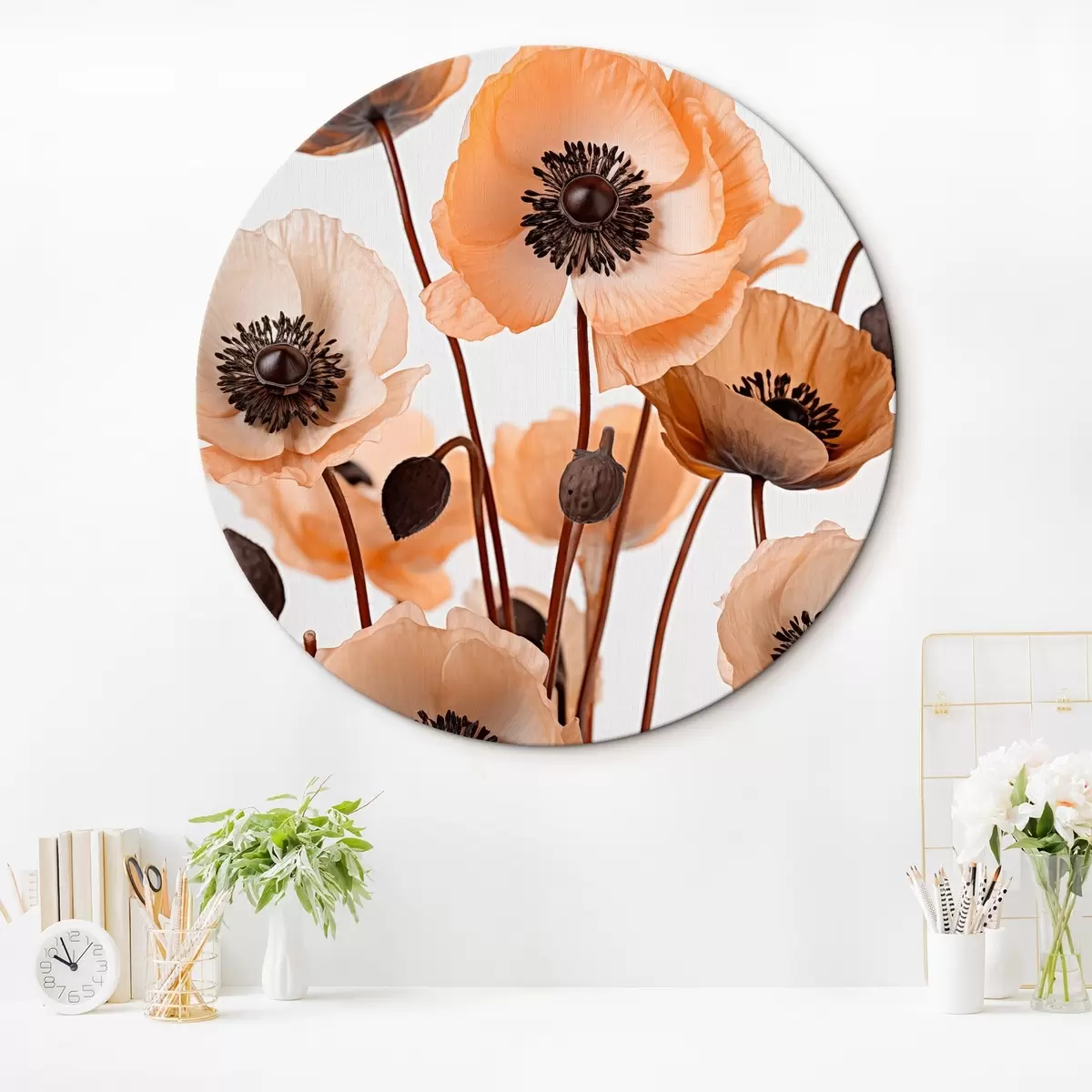 Tableaux rondes Coquelicots orange, fleurs séchées sur fond clair, éclairage doux, pétales délicats, arrangement floral r45168