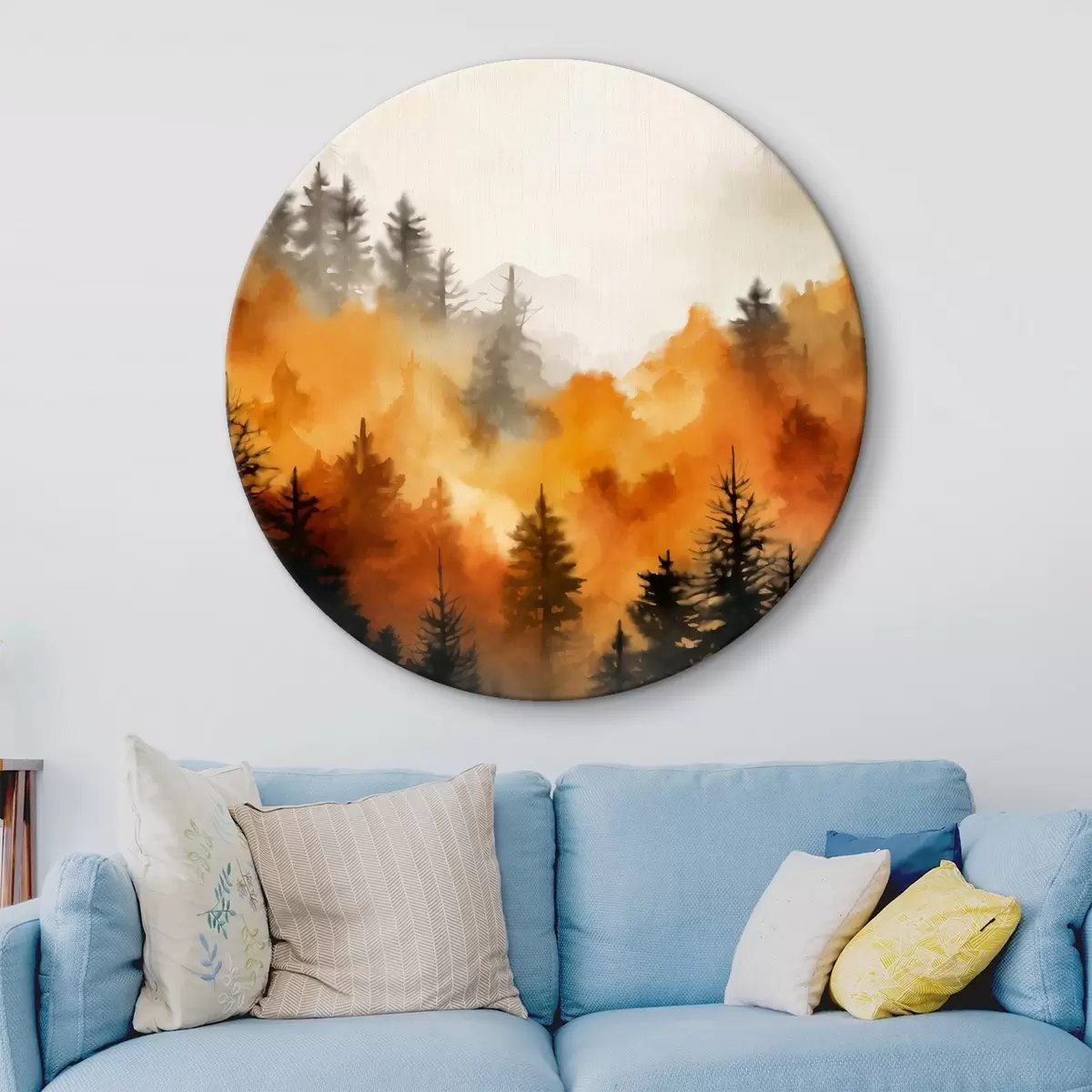 Tableaux rondes Peinture aquarelle d'un paysage imitant une forêt avec de grands pins et des montagnes en arrière-plan r45169