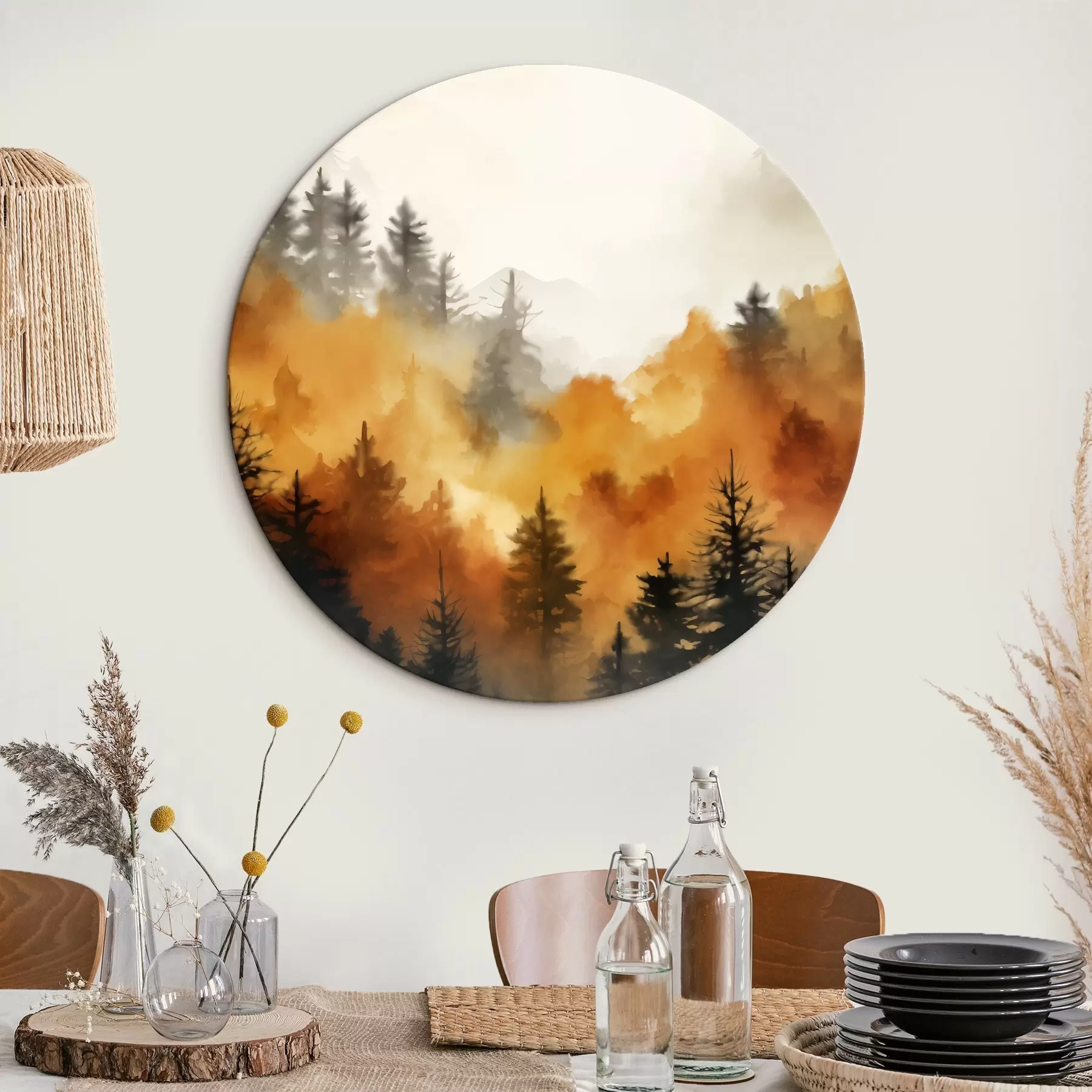 Tableau Peinture aquarelle d'un paysage imitant une forêt avec de grands pins et des montagnes en arrière-plan r45169