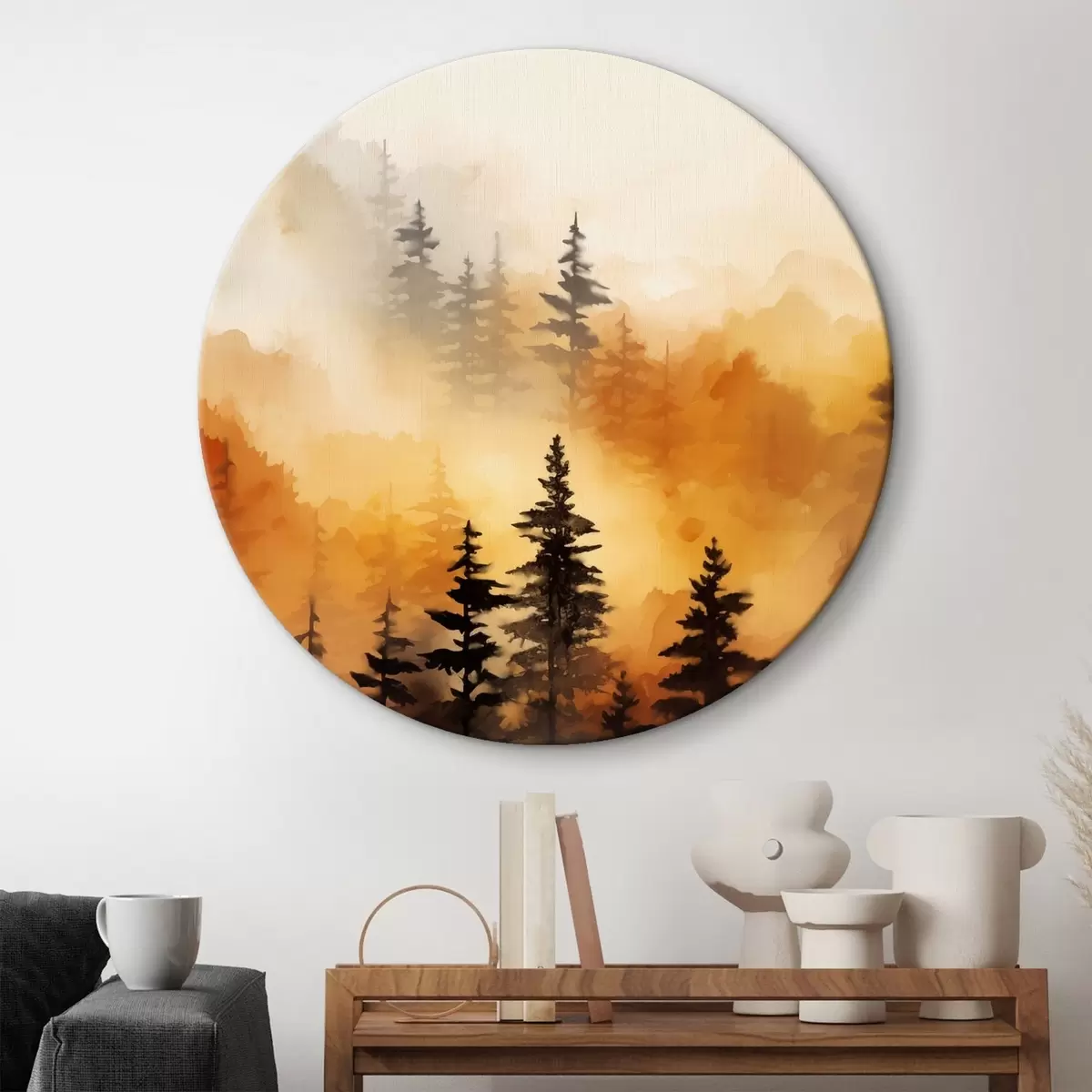 Tableaux rondes Peinture aquarelle d'un paysage imitant une forêt avec de grands pins et des montagnes en arrière-plan r45170