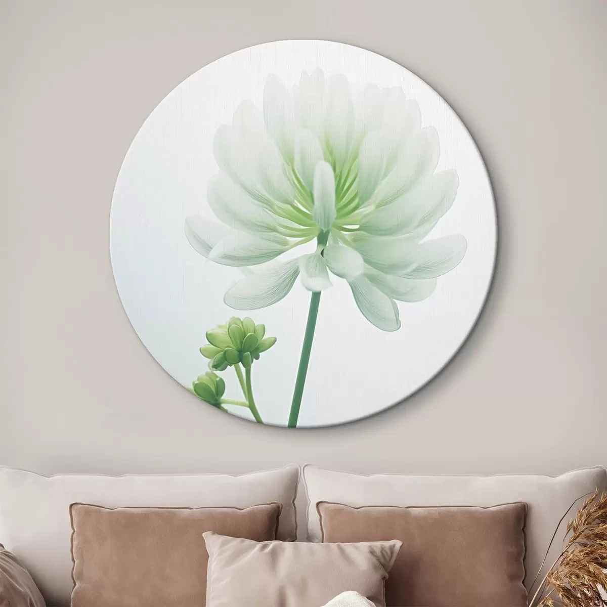 Tableaux rondes Fleur de trèfle blanc avec tige et feuilles vertes, éclairage doux, arrière-plan propre, composition minimaliste, botanique r45171