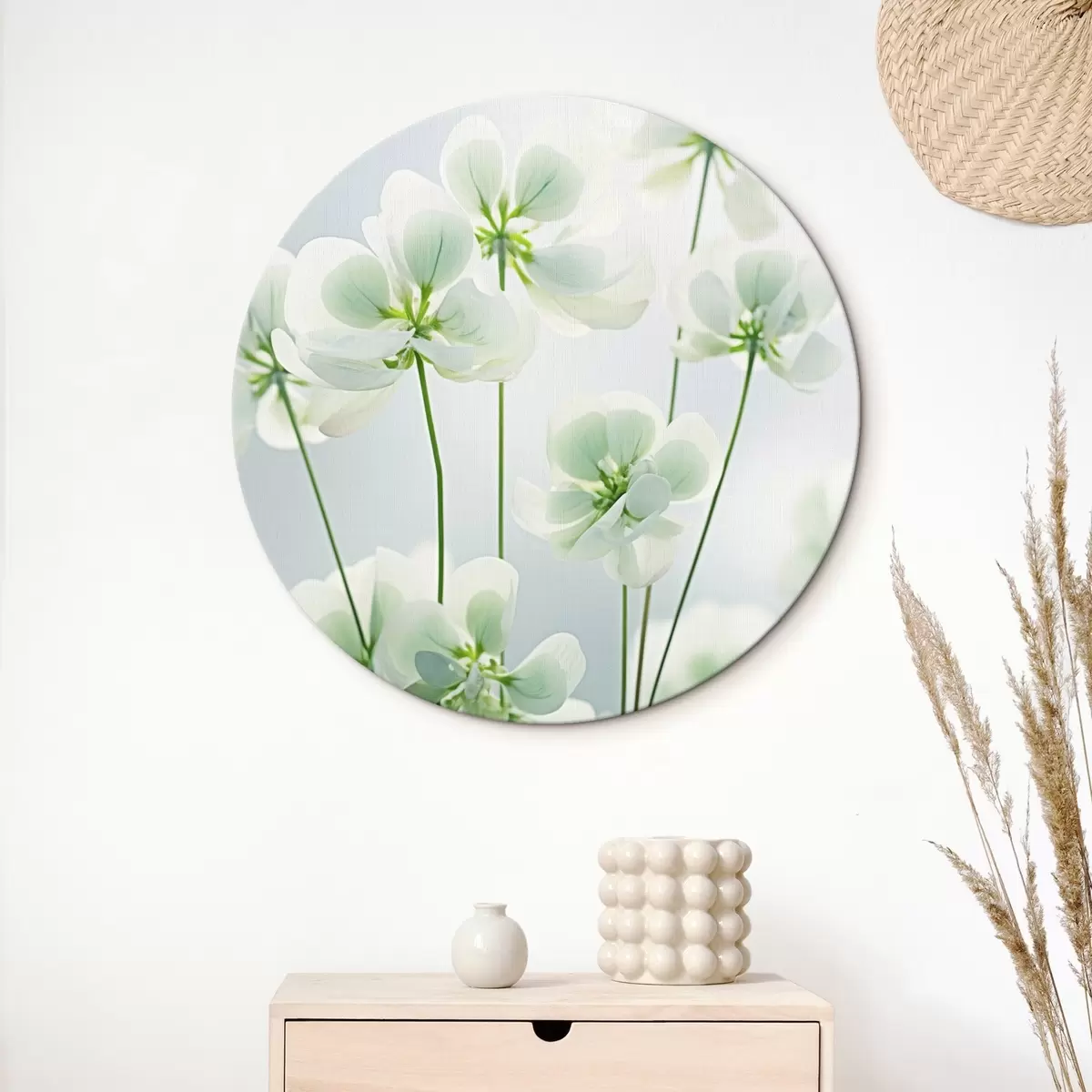 Tableaux rondes Fleurs de trèfle blanc avec tige et feuilles vertes, éclairage doux, arrière-plan propre, composition minimaliste, botanique r45172