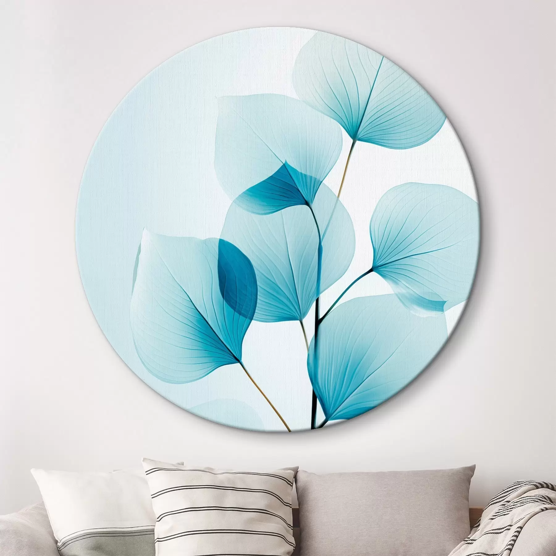 Tableau Branche avec des feuilles bleues translucides, veines délicates visibles, composition légère et calme, esthétique minimaliste r45175