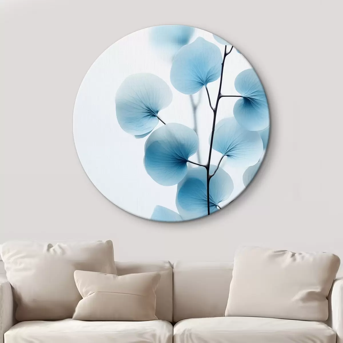 Tableaux rondes Branche avec des feuilles bleues translucides, veines délicates visibles, composition légère et calme, esthétique minimaliste r45176