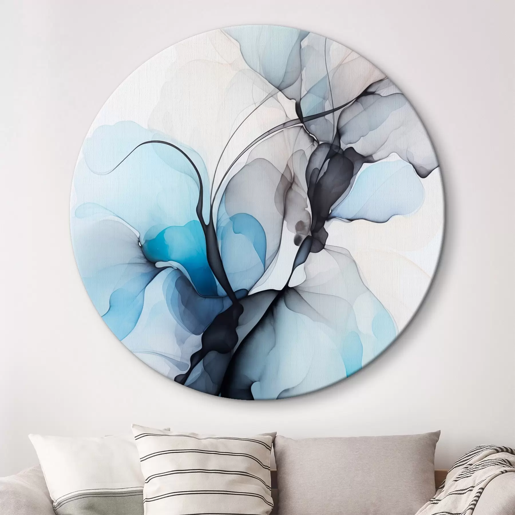 Tableau Composition abstraite avec des lignes fluides et des pétales translucides dans les tons bleu blanc et beige, imitation encre à l'alcool r45177