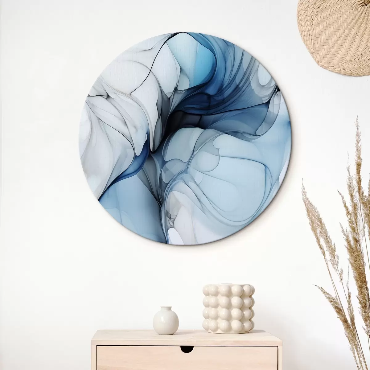 Tableaux rondes Composition abstraite avec des lignes fluides et des pétales translucides dans les tons bleu blanc et beige, imitation encre à l'alcool r45178