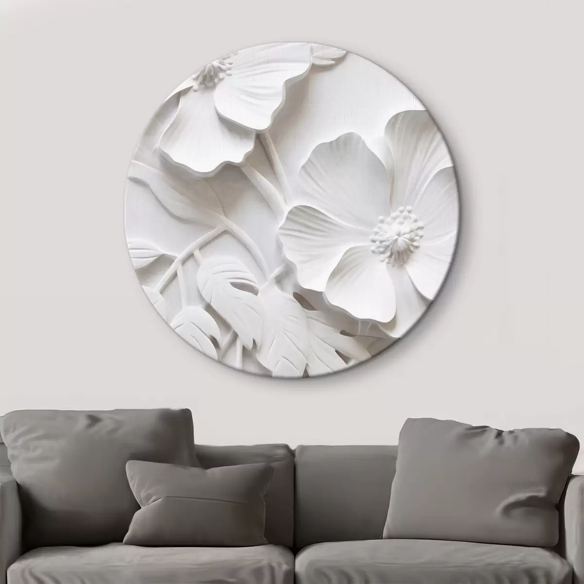 Tableaux rondes Fleurs blanches décoratives minimalistes avec feuilles, imitation relief, fond blanc r45179