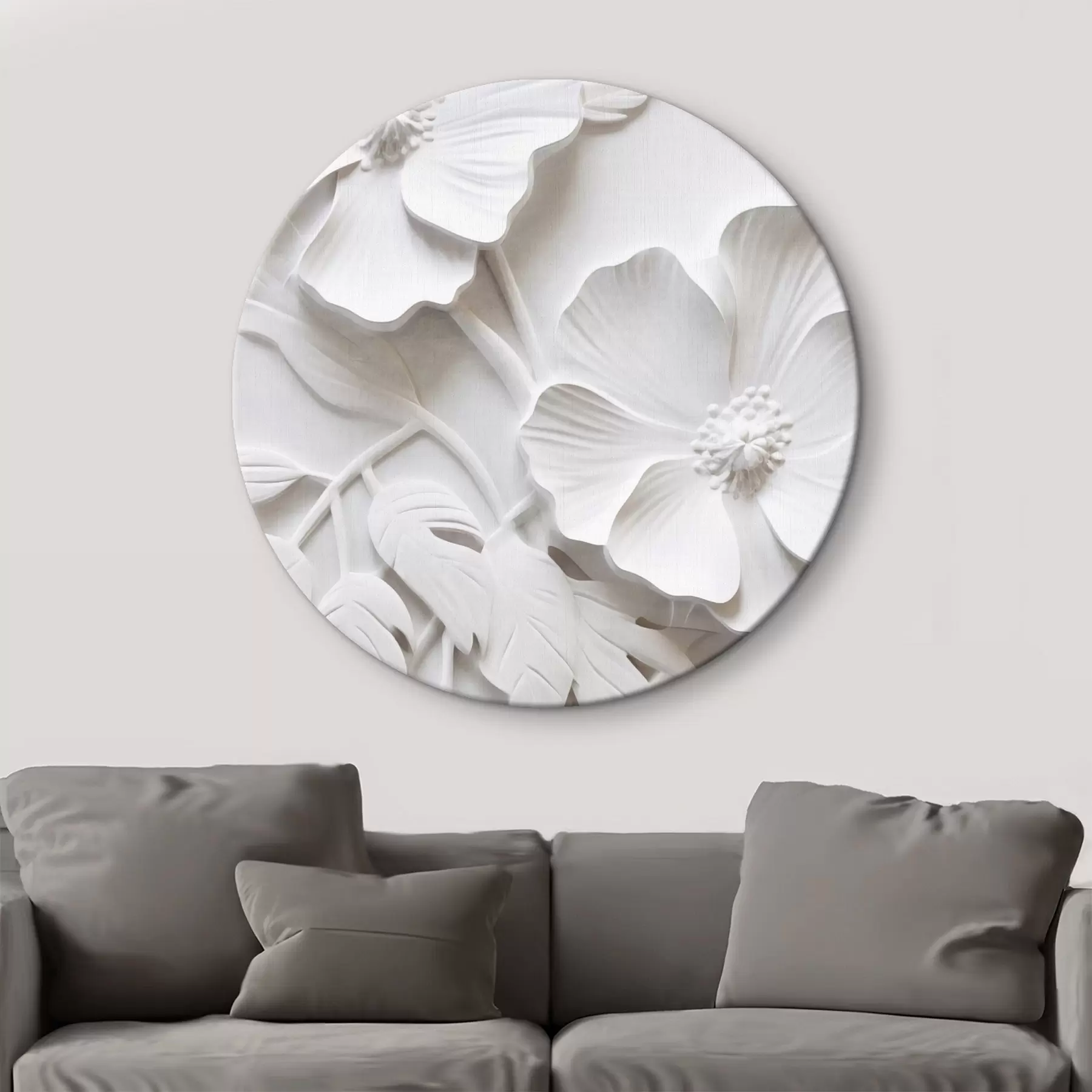 Tableau Fleurs blanches décoratives minimalistes avec feuilles, imitation relief, fond blanc r45179