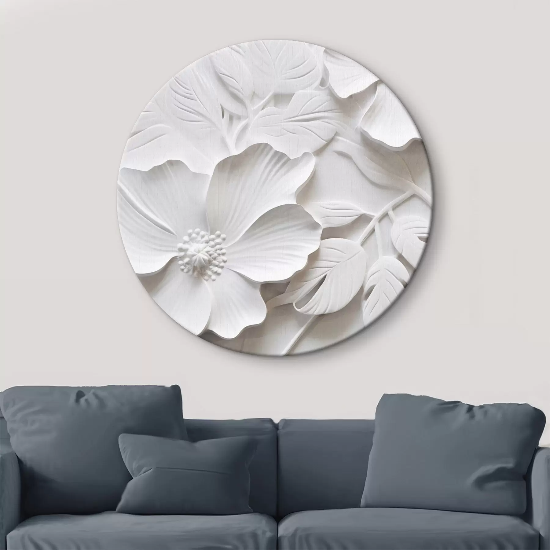 Tableau Fleurs blanches décoratives minimalistes avec feuilles, imitation relief, fond blanc r45180