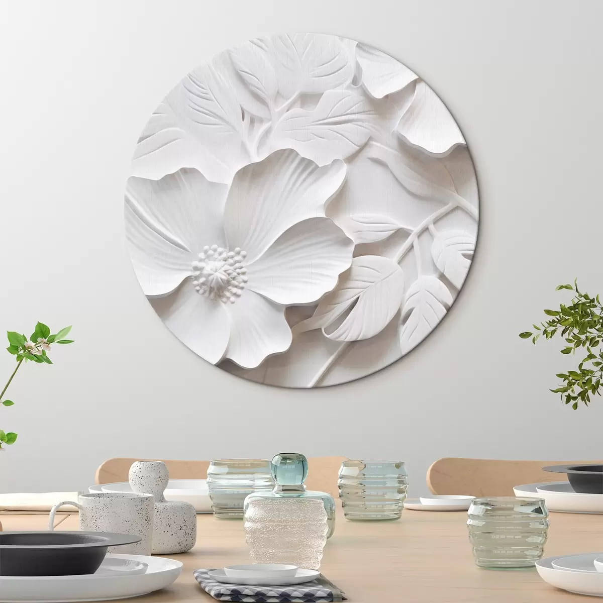 Tableaux rondes Fleurs blanches décoratives minimalistes avec feuilles, imitation relief, fond blanc r45180