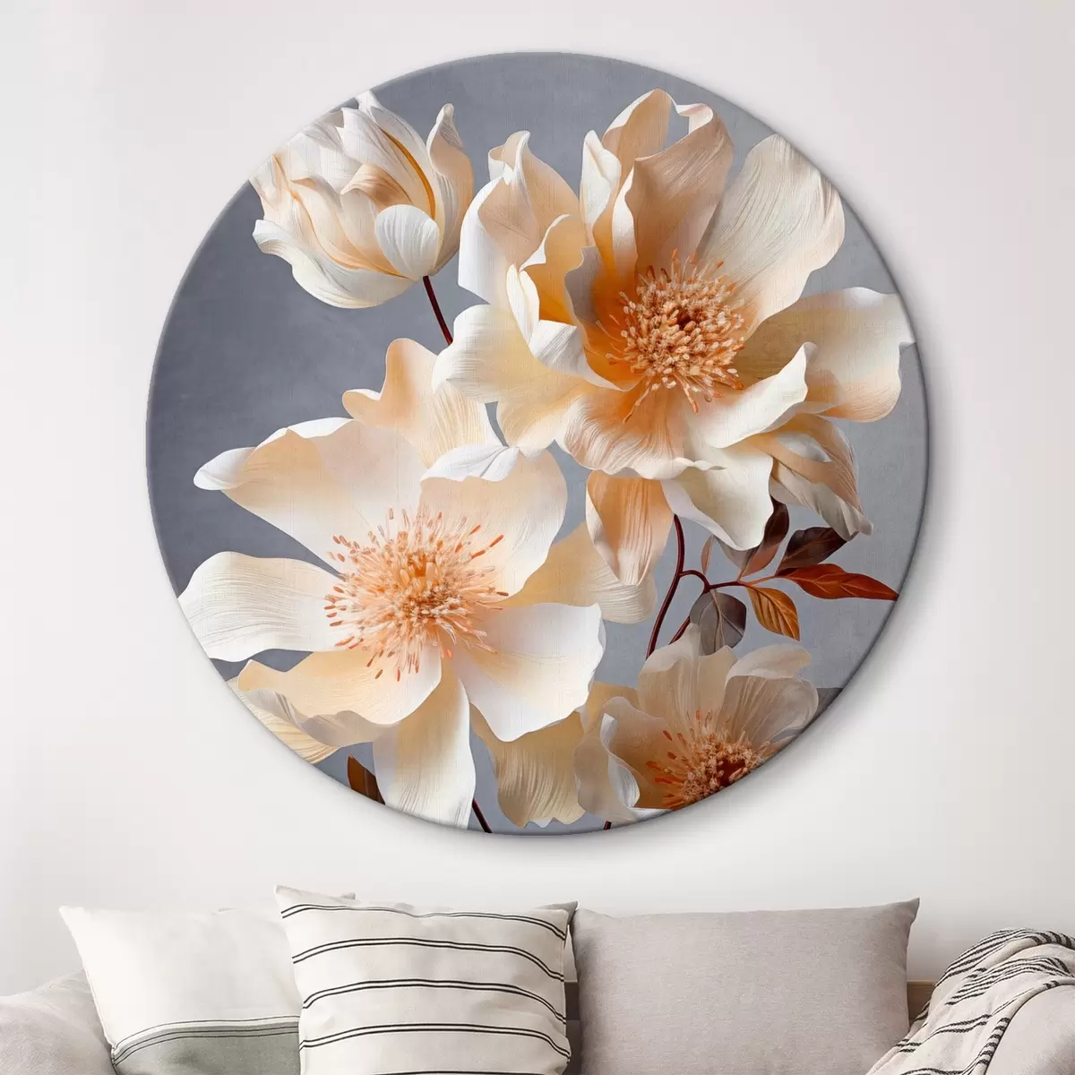 Tableaux rondes Fleurs texturées avec pistils orange et feuilles orange sur fond gris, lumière douce, élégant, détaillé, réaliste r45181