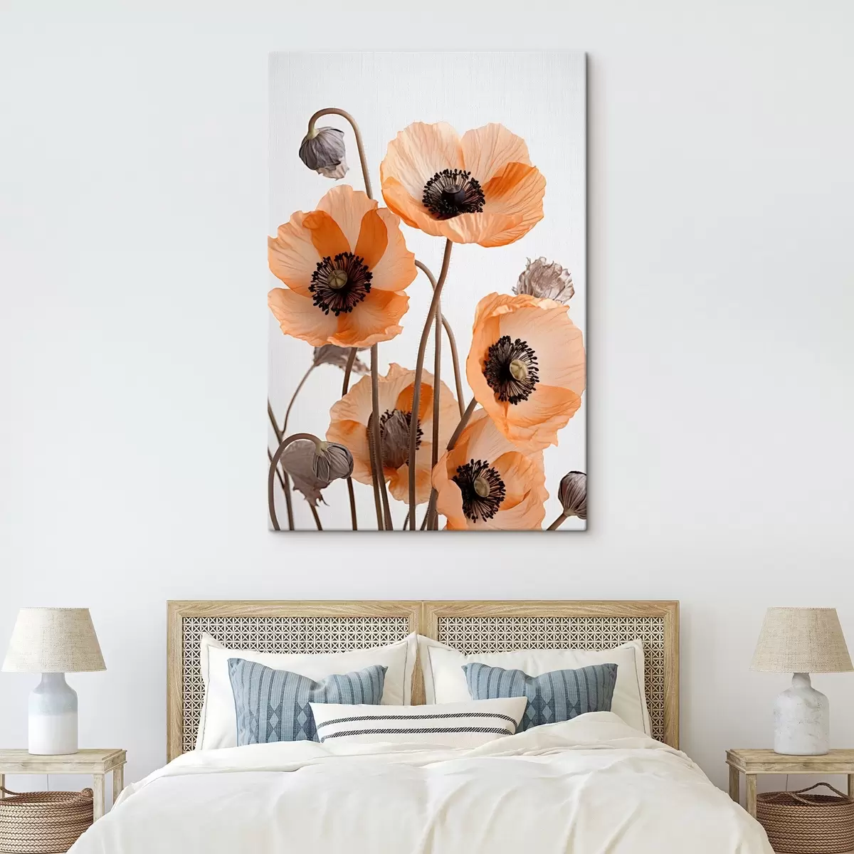 Tableau Coquelicots orange, fleurs séchées sur fond clair, éclairage doux, pétales délicats, arrangement floral s45167