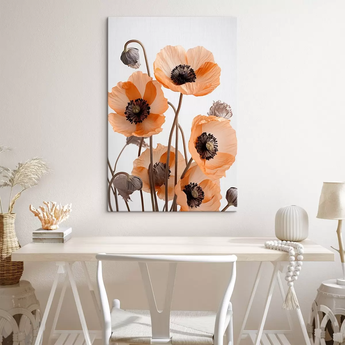 Tableau Coquelicots orange, fleurs séchées sur fond clair, éclairage doux, pétales délicats, arrangement floral s45167