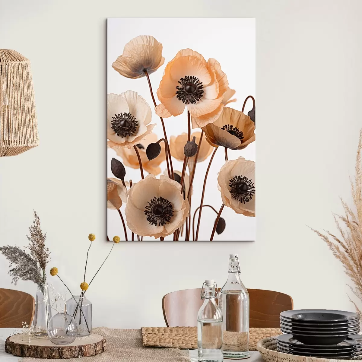 Tableau Coquelicots orange, fleurs séchées sur fond clair, éclairage doux, pétales délicats, arrangement floral s45168