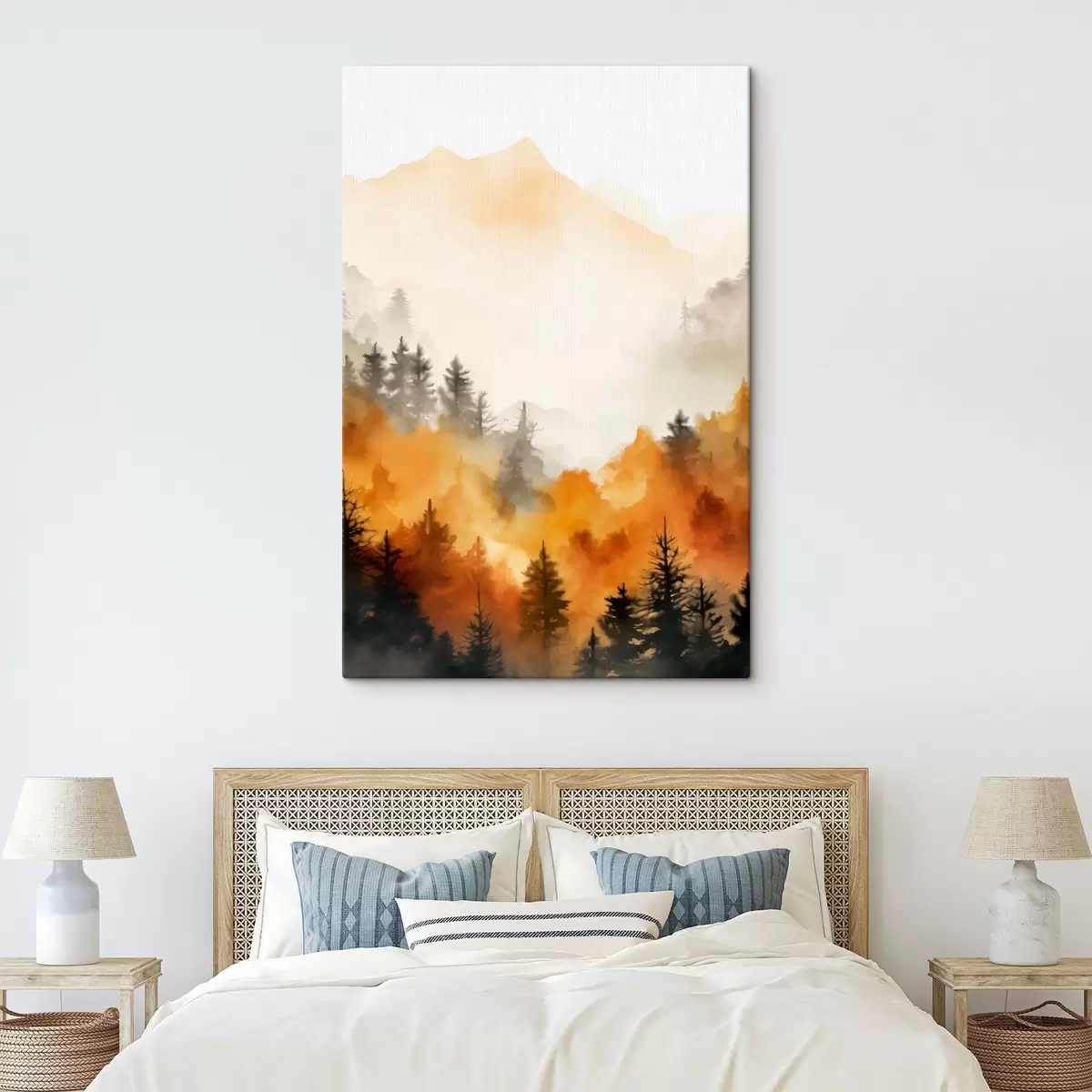 Tableau Peinture aquarelle d'un paysage imitant une forêt avec de grands pins et des montagnes en arrière-plan s45169