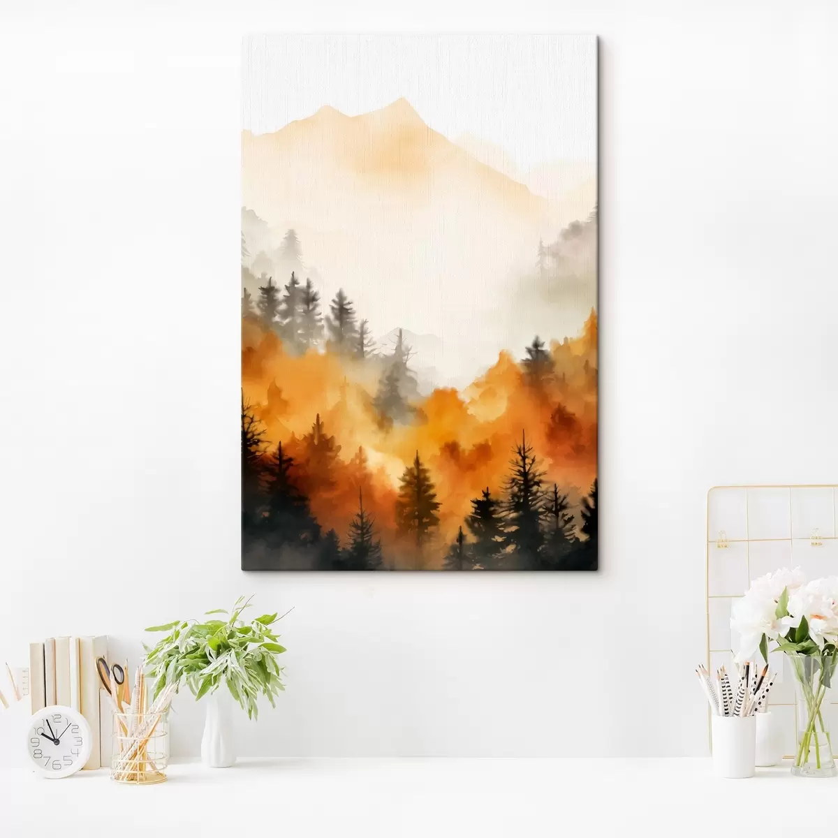 Tableau Peinture aquarelle d'un paysage imitant une forêt avec de grands pins et des montagnes en arrière-plan s45169
