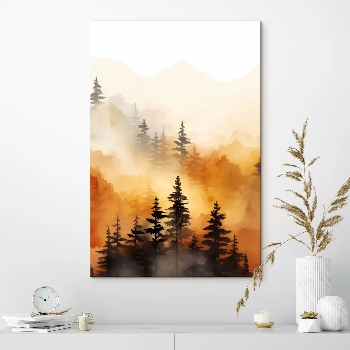 Tableau Peinture aquarelle d'un paysage imitant une forêt avec de grands pins et des montagnes en arrière-plan s45170