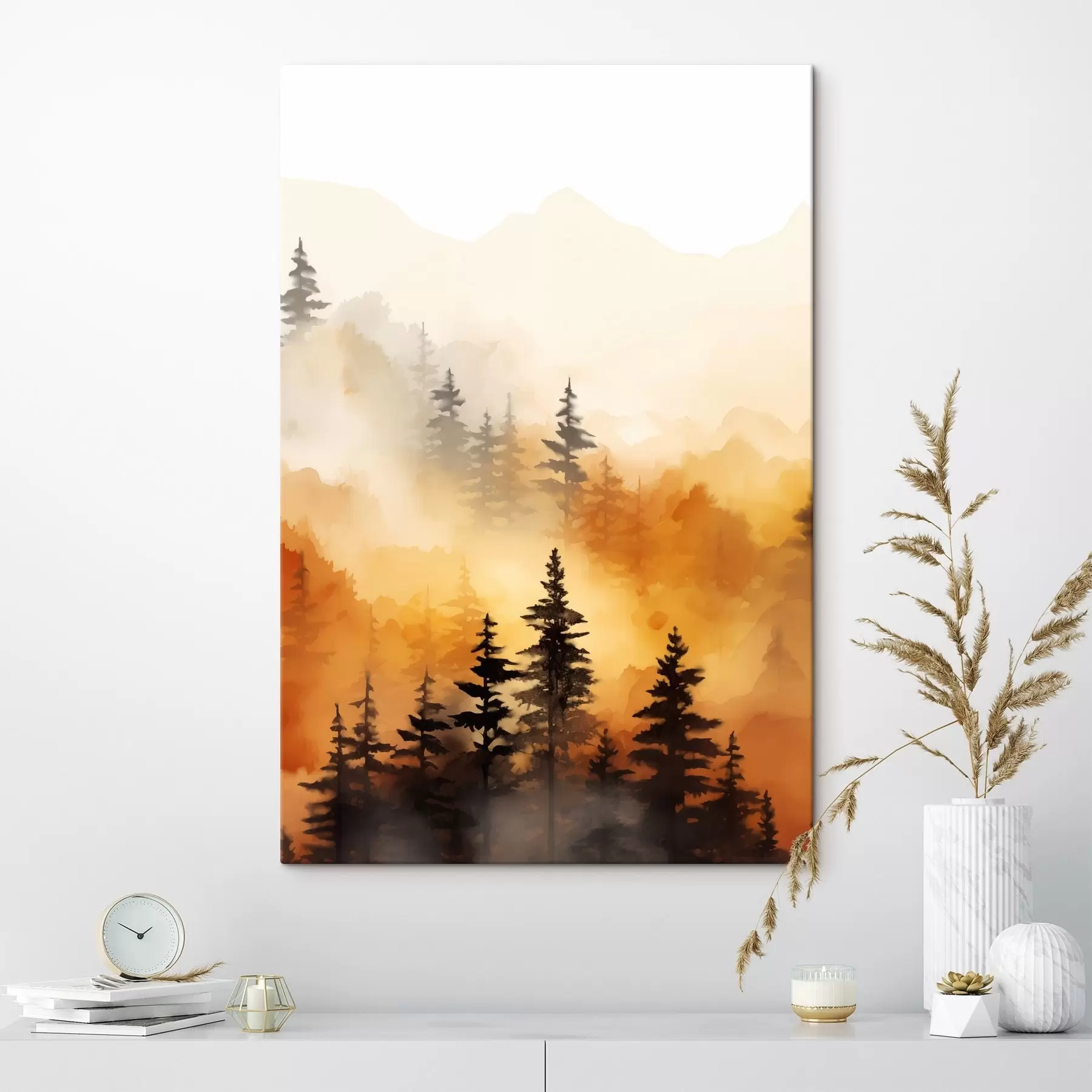 Tableau Peinture aquarelle d'un paysage imitant une forêt avec de grands pins et des montagnes en arrière-plan s45170
