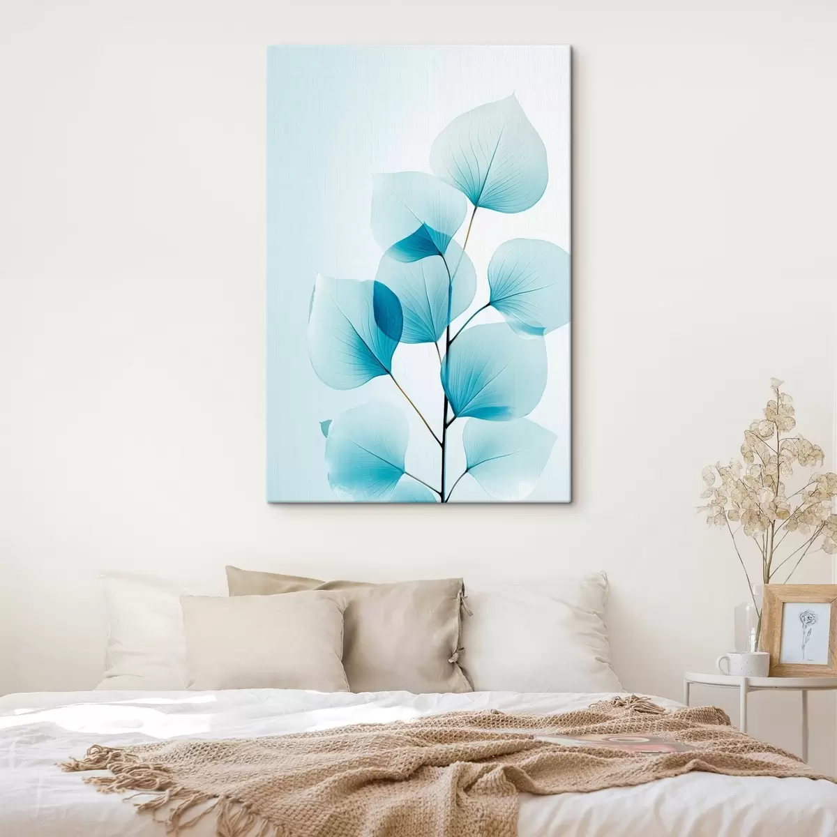 Tableau Branche avec des feuilles bleues translucides, veines délicates visibles, composition légère et calme, esthétique minimaliste s45175