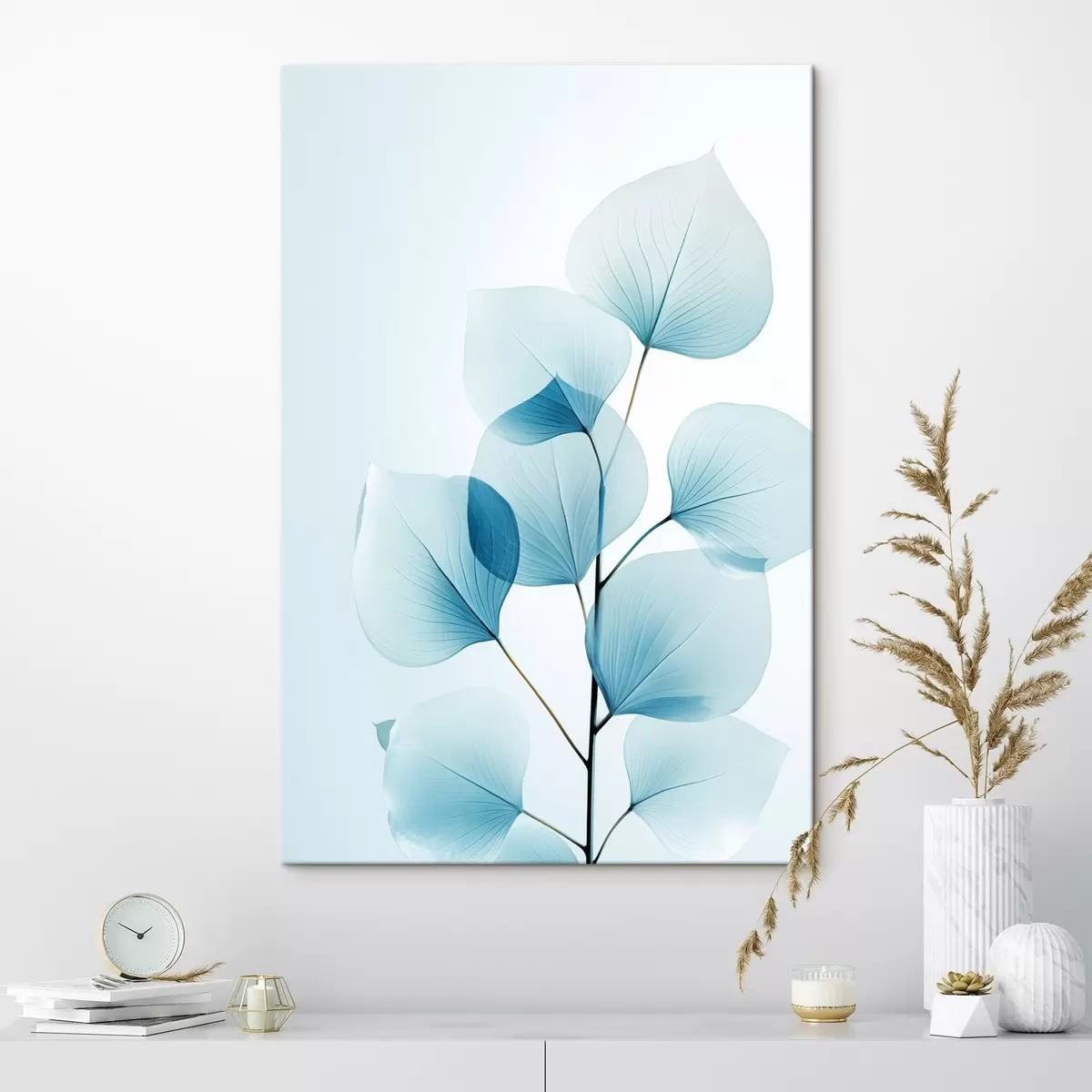 Tableau Branche avec des feuilles bleues translucides, veines délicates visibles, composition légère et calme, esthétique minimaliste s45175