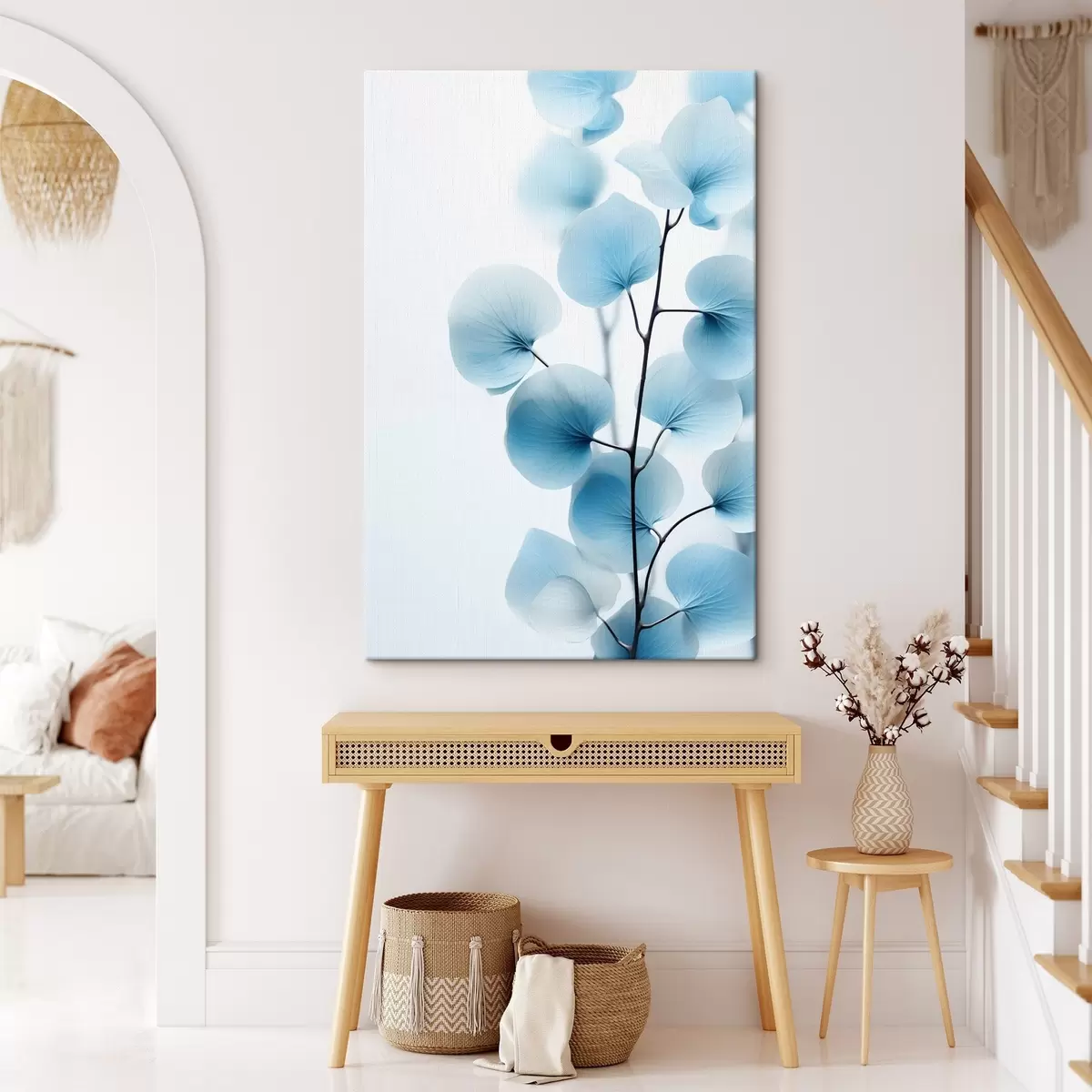 Tableau Branche avec des feuilles bleues translucides, veines délicates visibles, composition légère et calme, esthétique minimaliste s45176