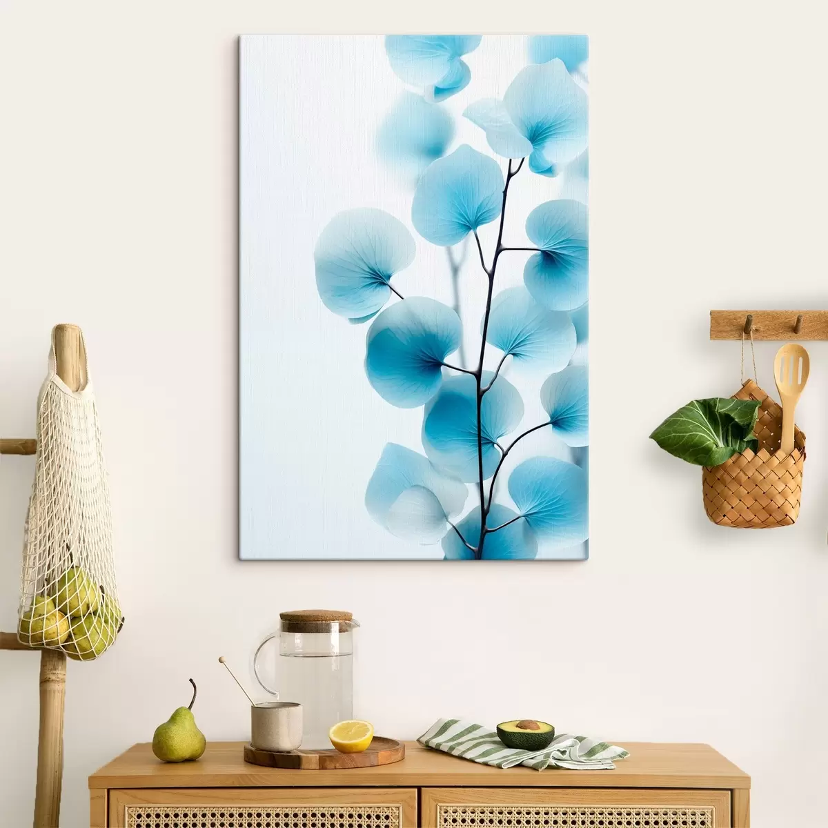 Tableau Branche avec des feuilles bleues translucides, veines délicates visibles, composition légère et calme, esthétique minimaliste s45176