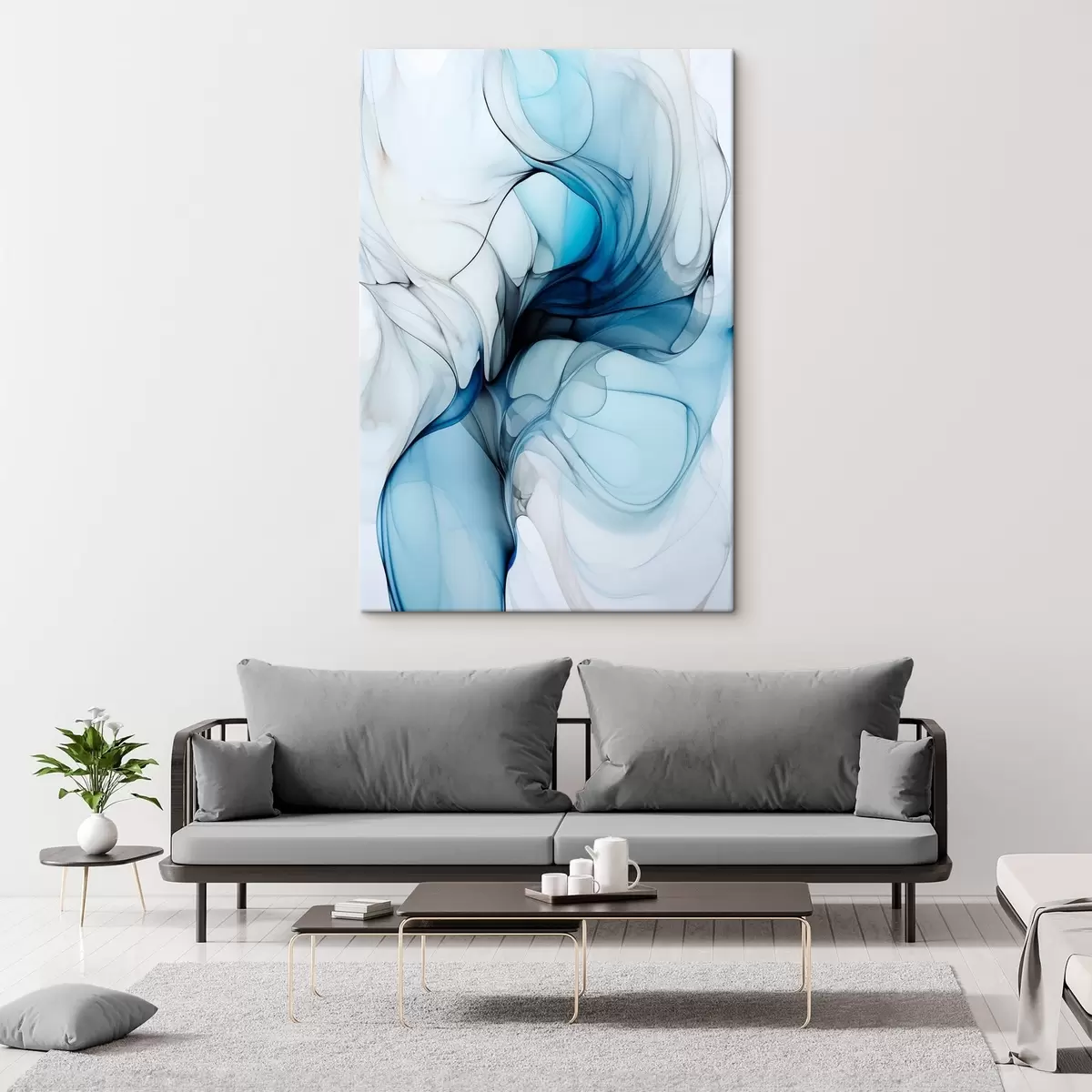 Tableau Composition abstraite avec des lignes fluides et des pétales translucides dans les tons bleu blanc et beige, imitation encre à l'alcool s45178
