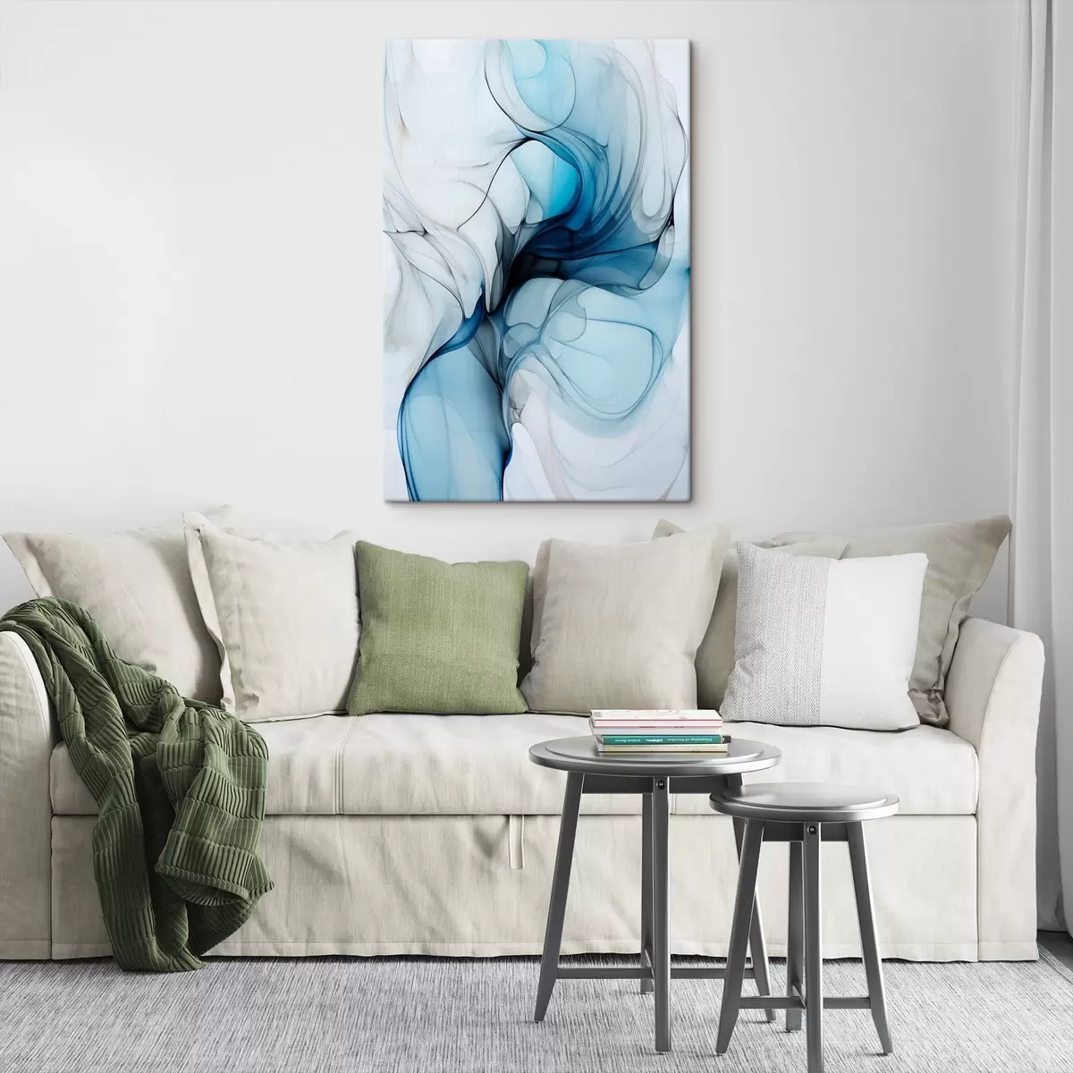 Tableau Composition abstraite avec des lignes fluides et des pétales translucides dans les tons bleu blanc et beige, imitation encre à l'alcool s45178