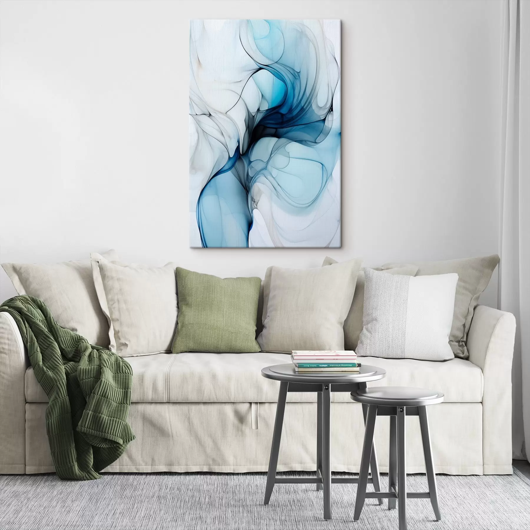 Tableau Composition abstraite avec des lignes fluides et des pétales translucides dans les tons bleu blanc et beige, imitation encre à l'alcool s45178