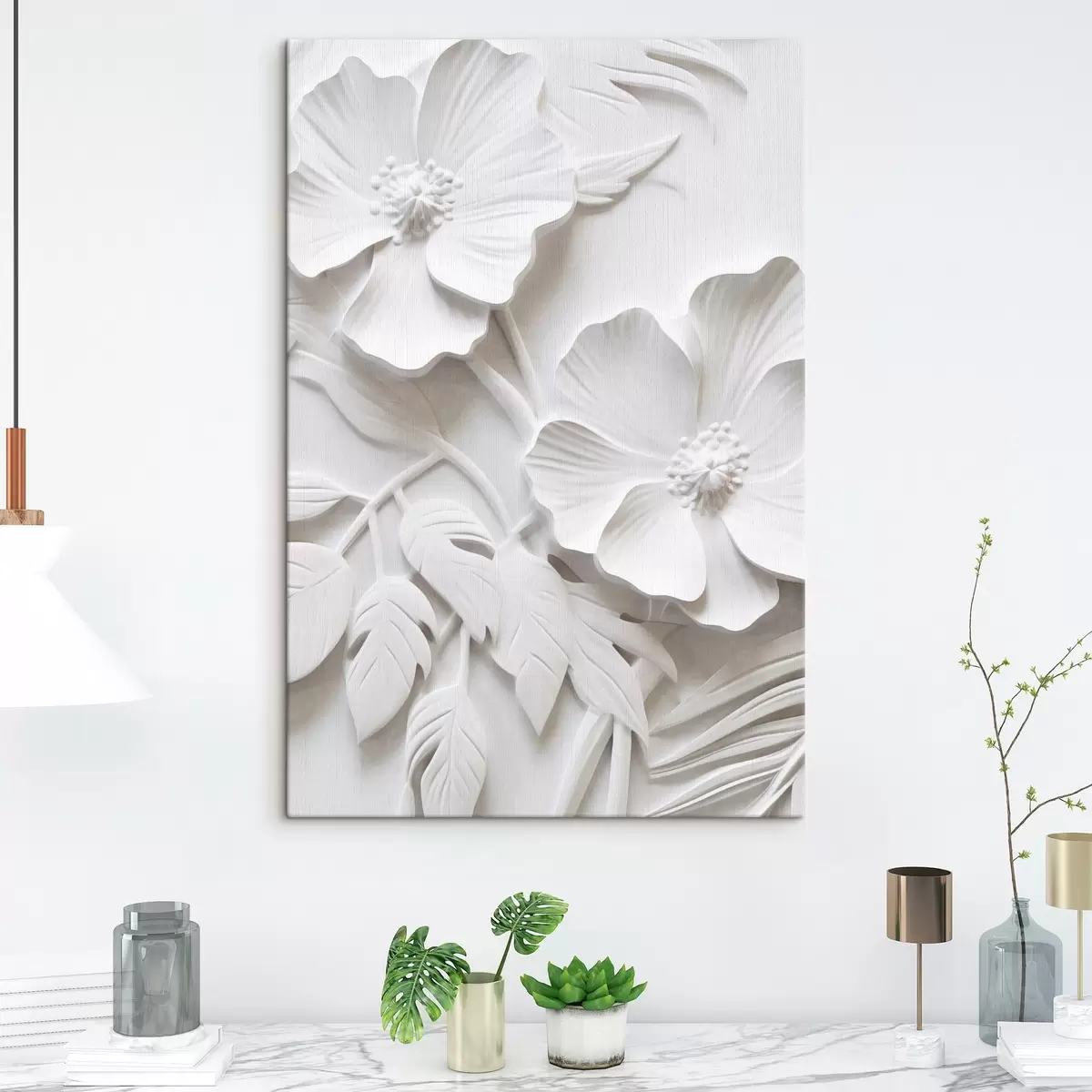 Tableau Fleurs blanches décoratives minimalistes avec feuilles, imitation relief, fond blanc s45179